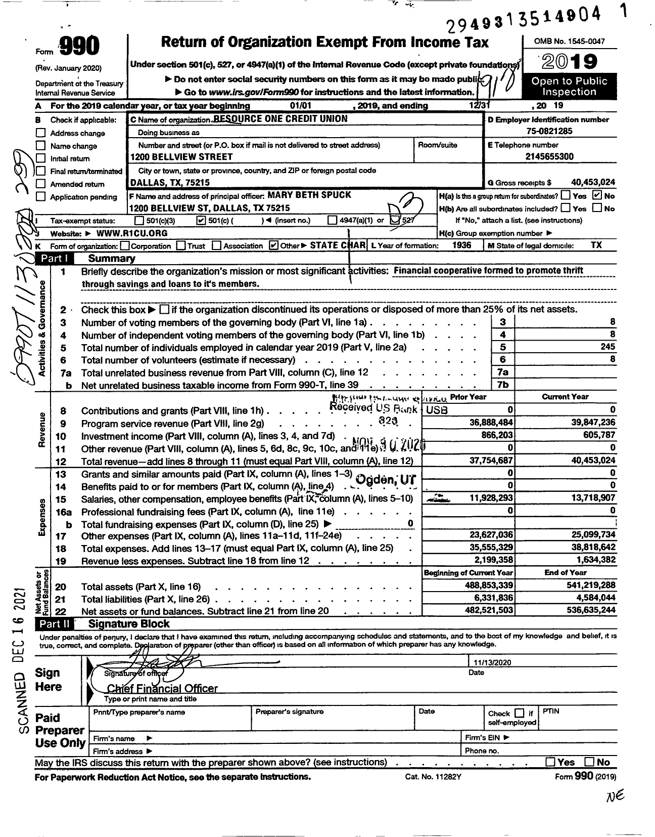 Image of first page of 2019 Form 990 for Resource One Credit Union