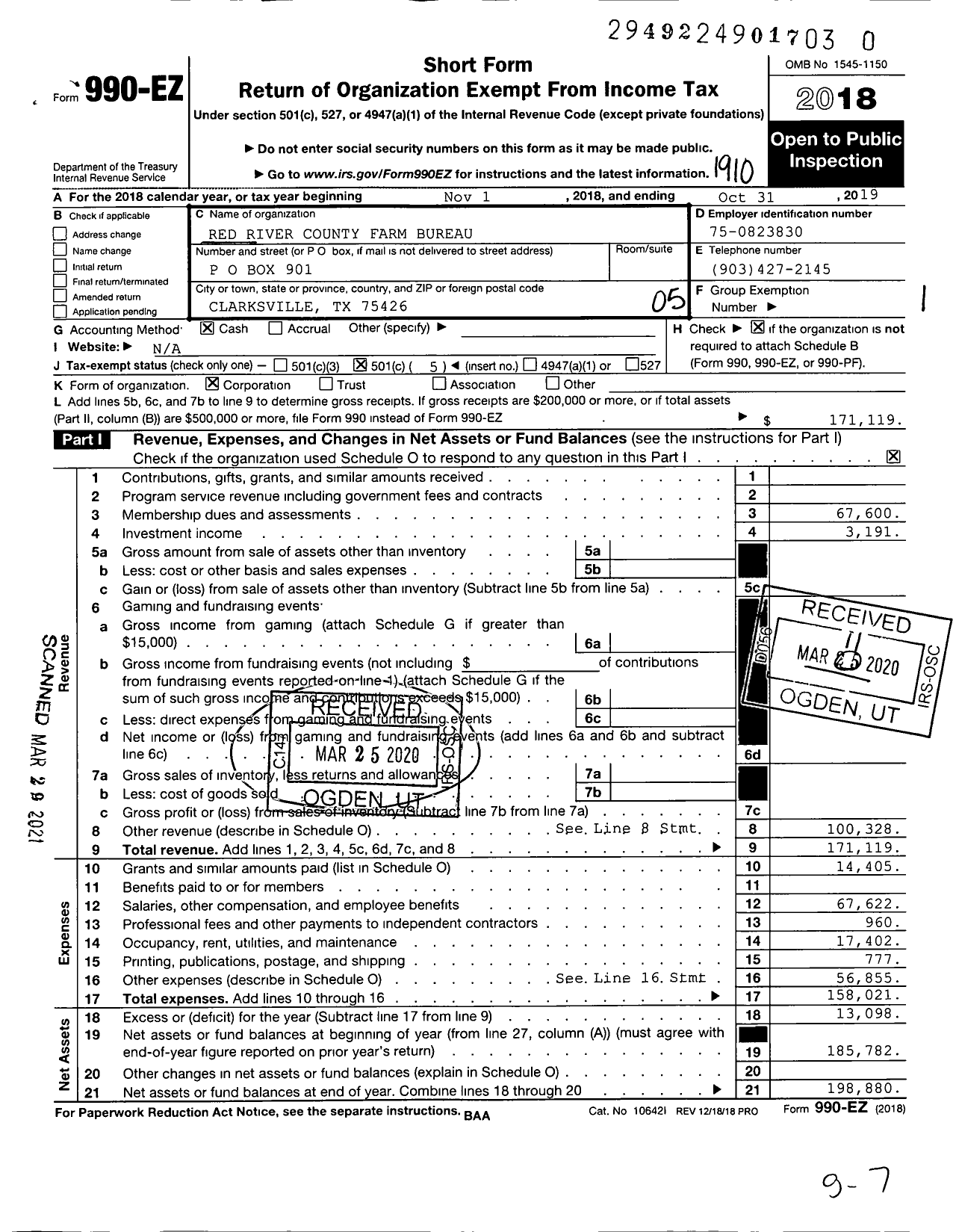 Image of first page of 2018 Form 990EO for Red River County Farm Bureau