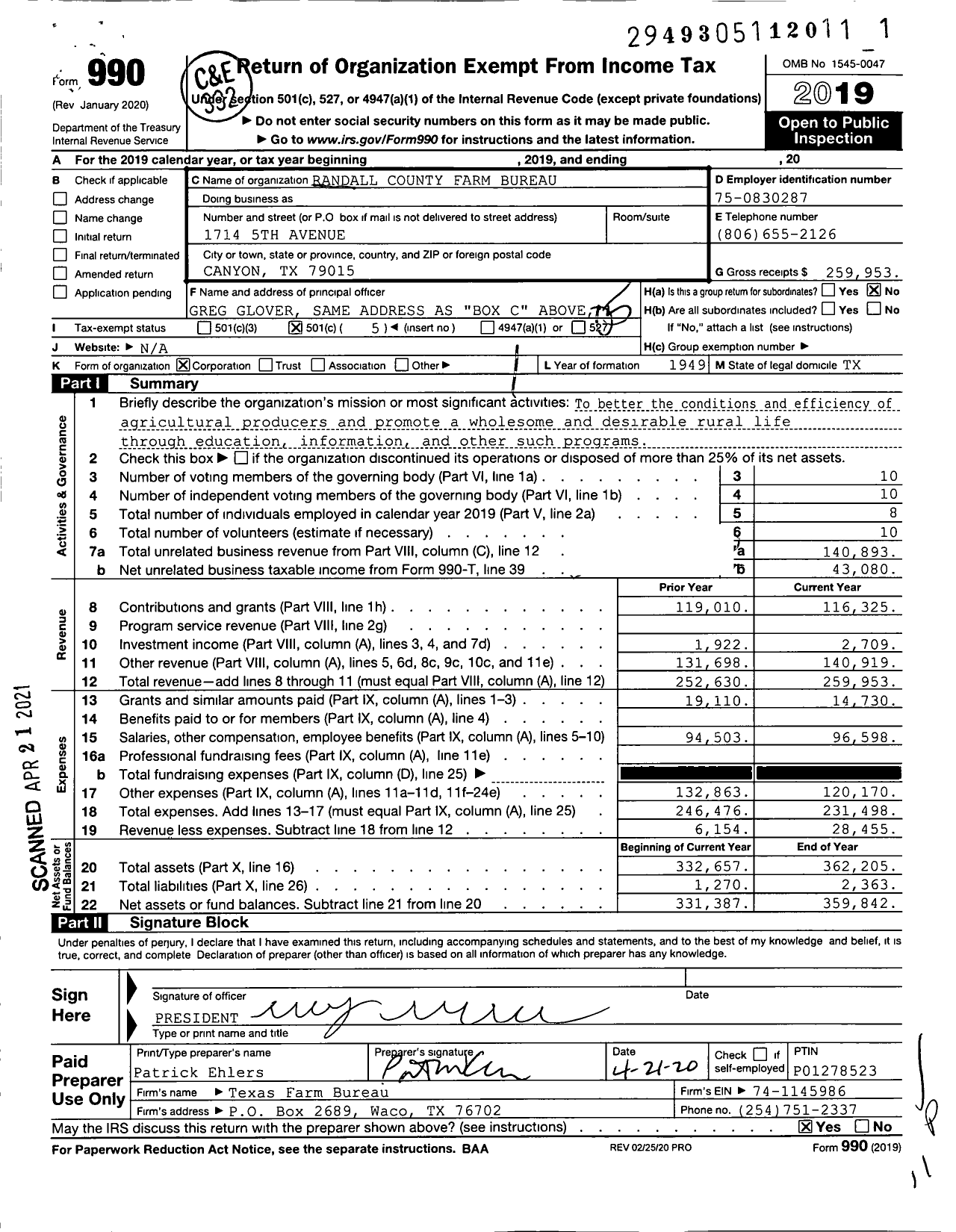 Image of first page of 2019 Form 990O for Randall County Farm Bureau