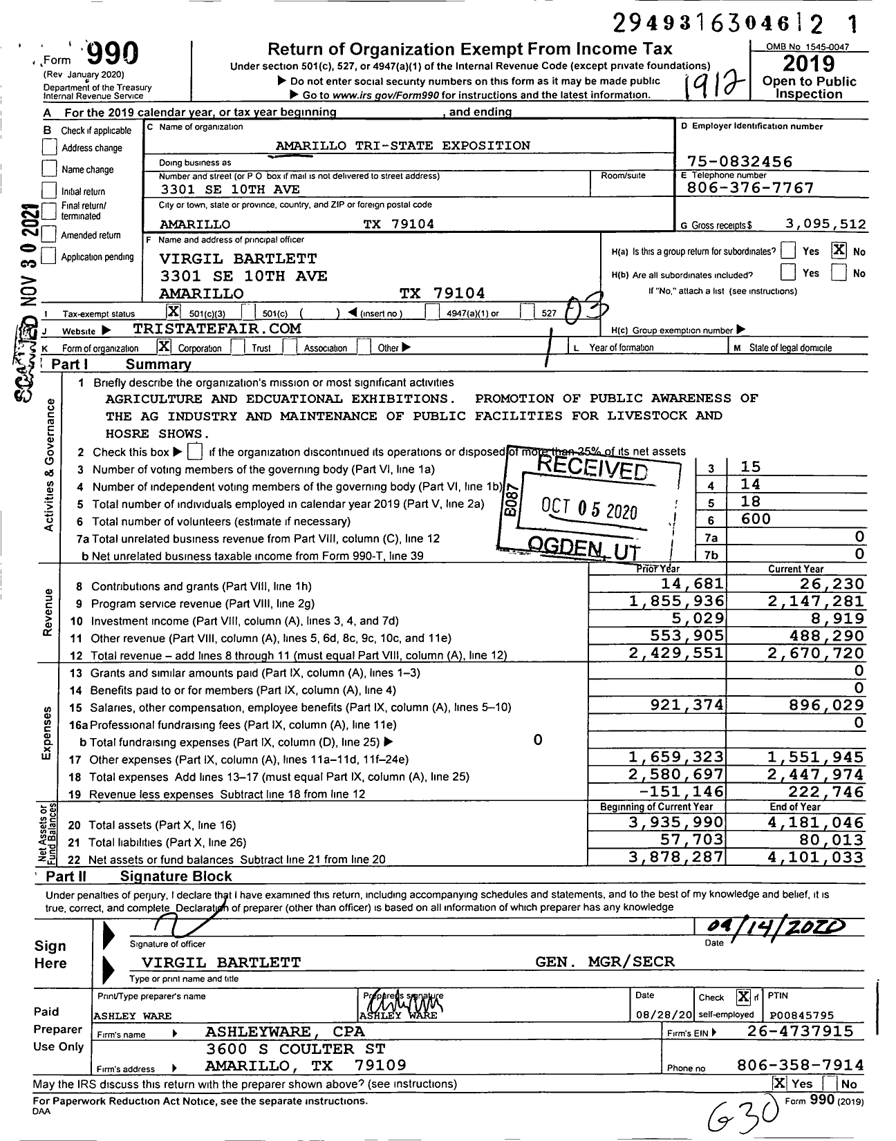 Image of first page of 2019 Form 990 for Amarillo Tri-State Exposition
