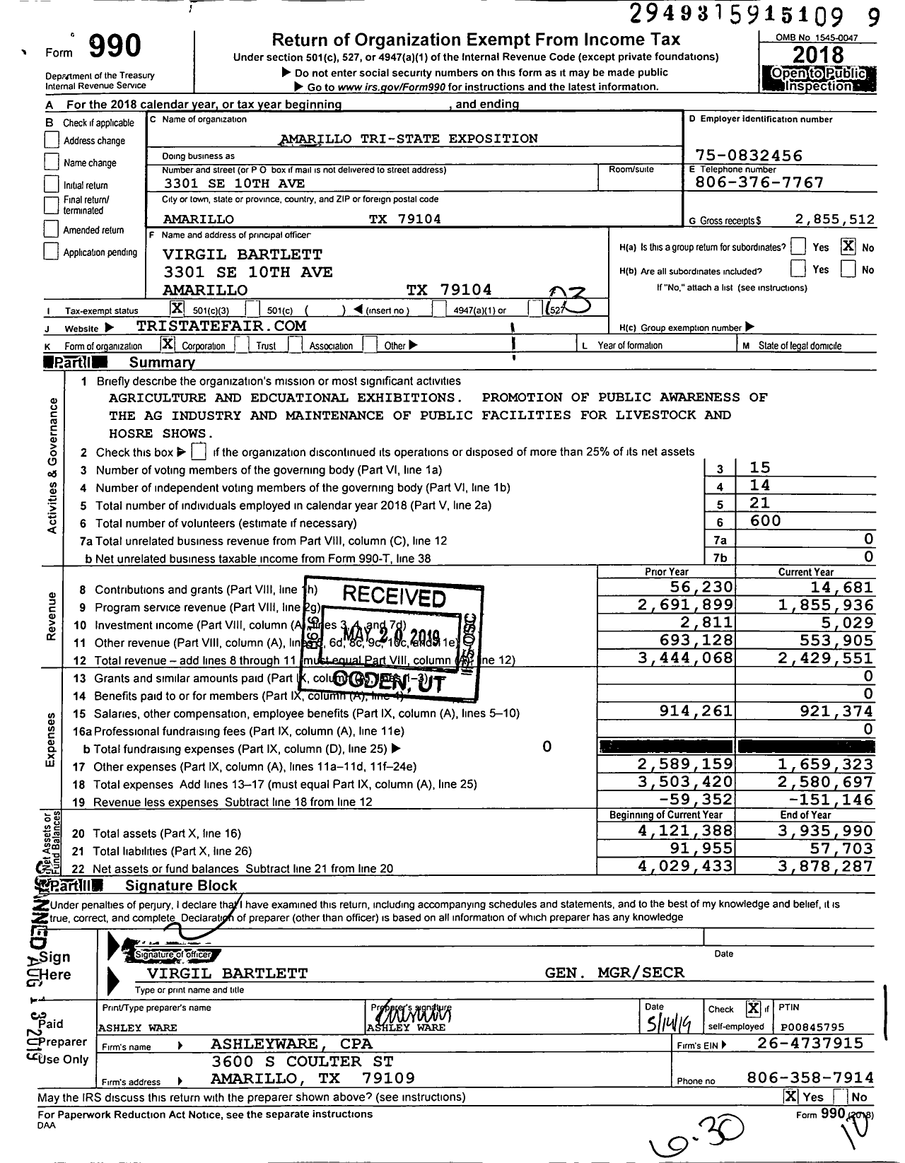 Image of first page of 2018 Form 990 for Amarillo Tri-State Exposition