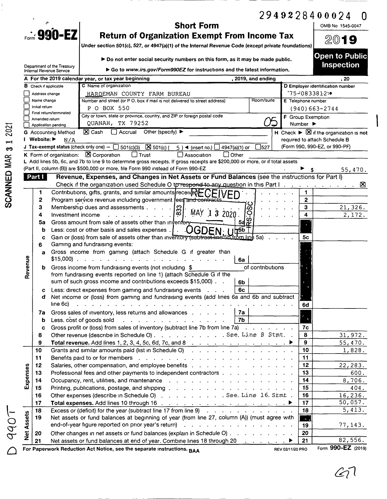 Image of first page of 2019 Form 990EO for Hardeman County Farm Bureau