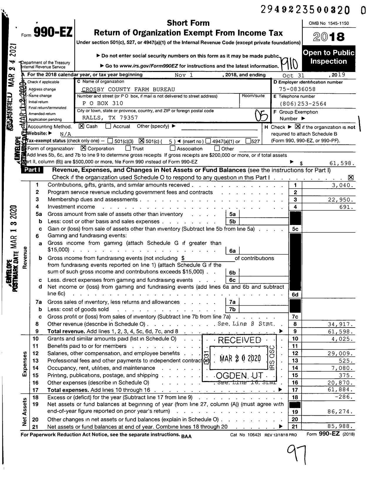 Image of first page of 2018 Form 990EO for Crosby County Farm Bureau