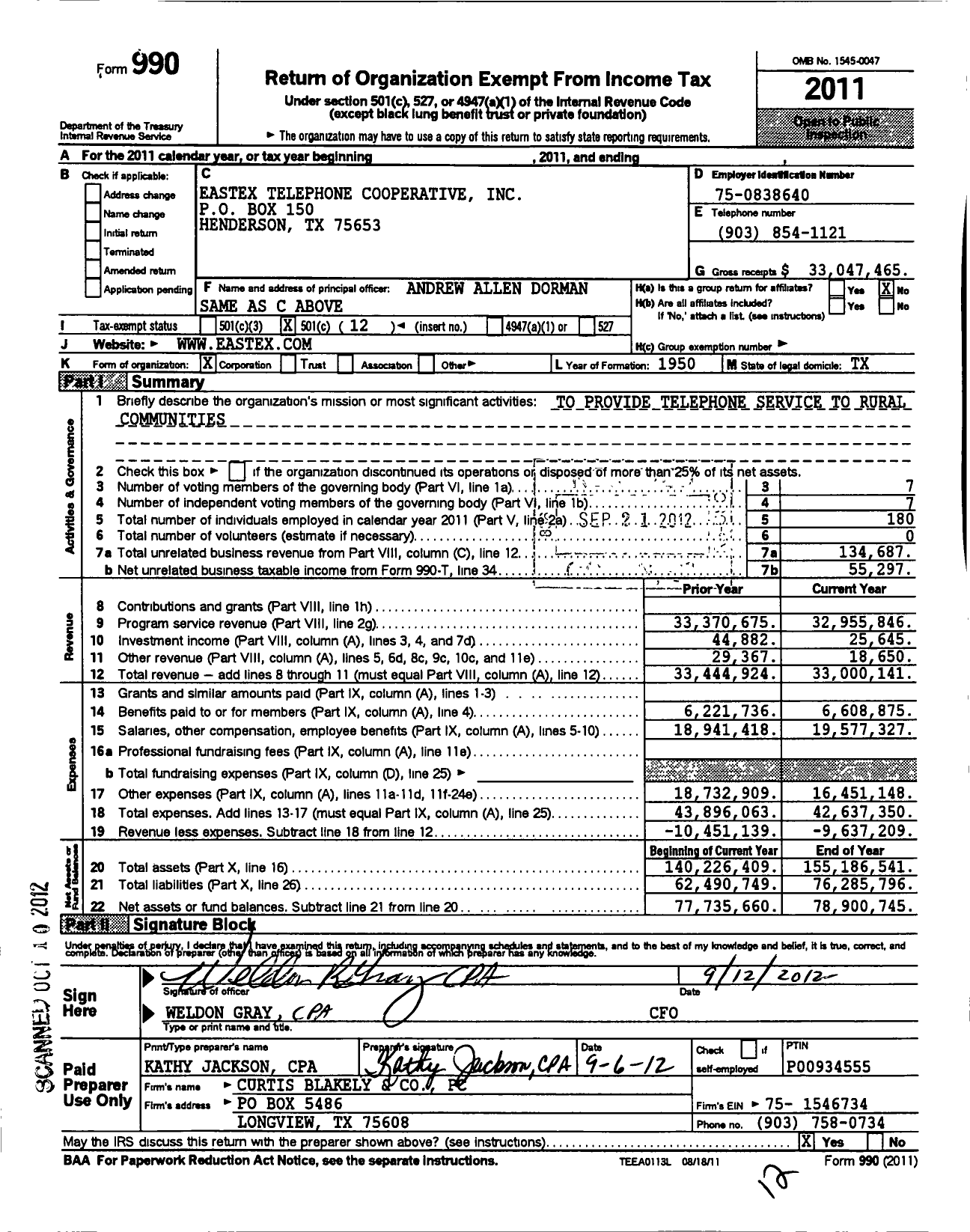 Image of first page of 2011 Form 990O for Eastex Telephone Cooperative