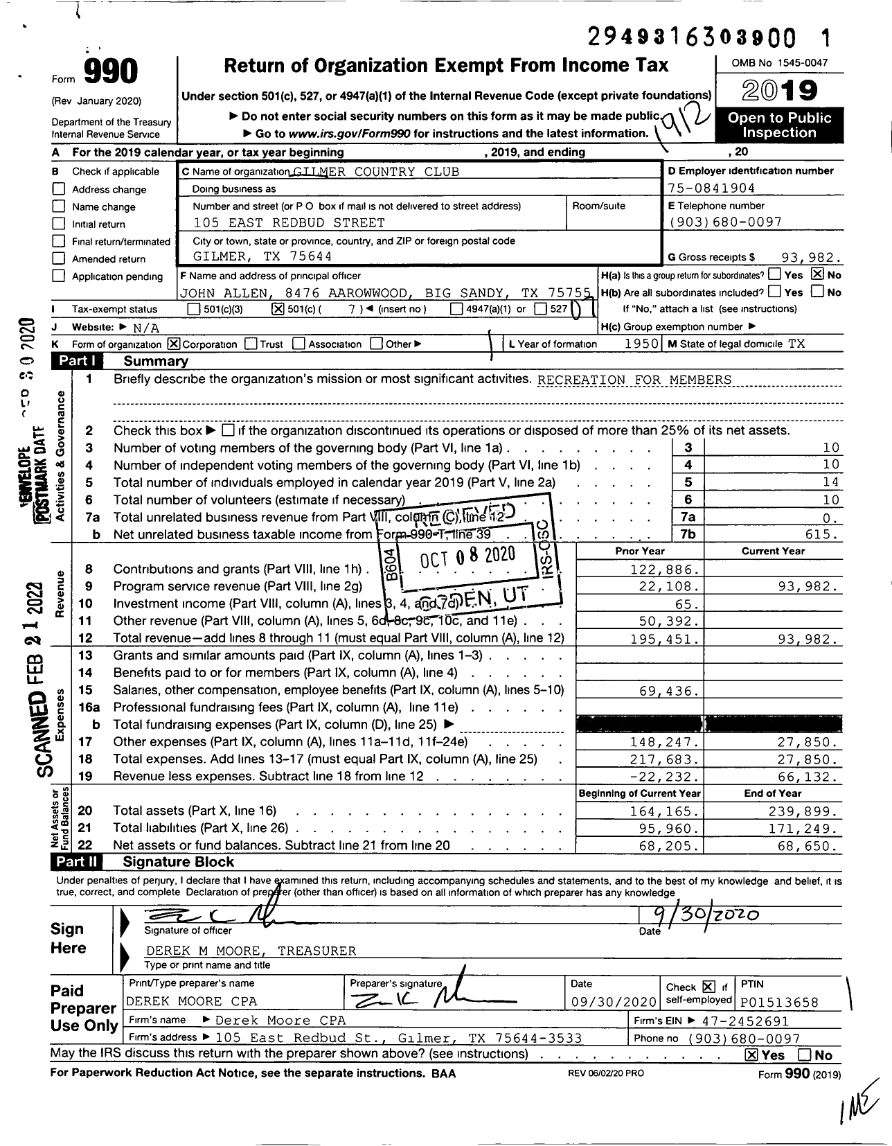 Image of first page of 2019 Form 990O for Gilmer Country Club