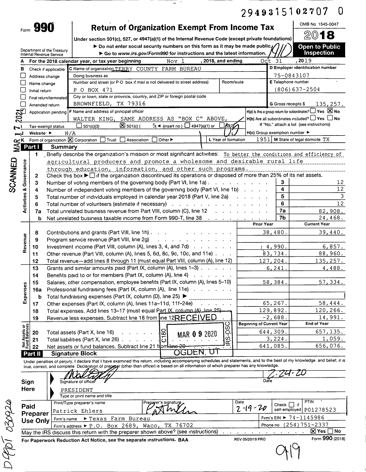 Image of first page of 2018 Form 990O for Terry County Farm Bureau