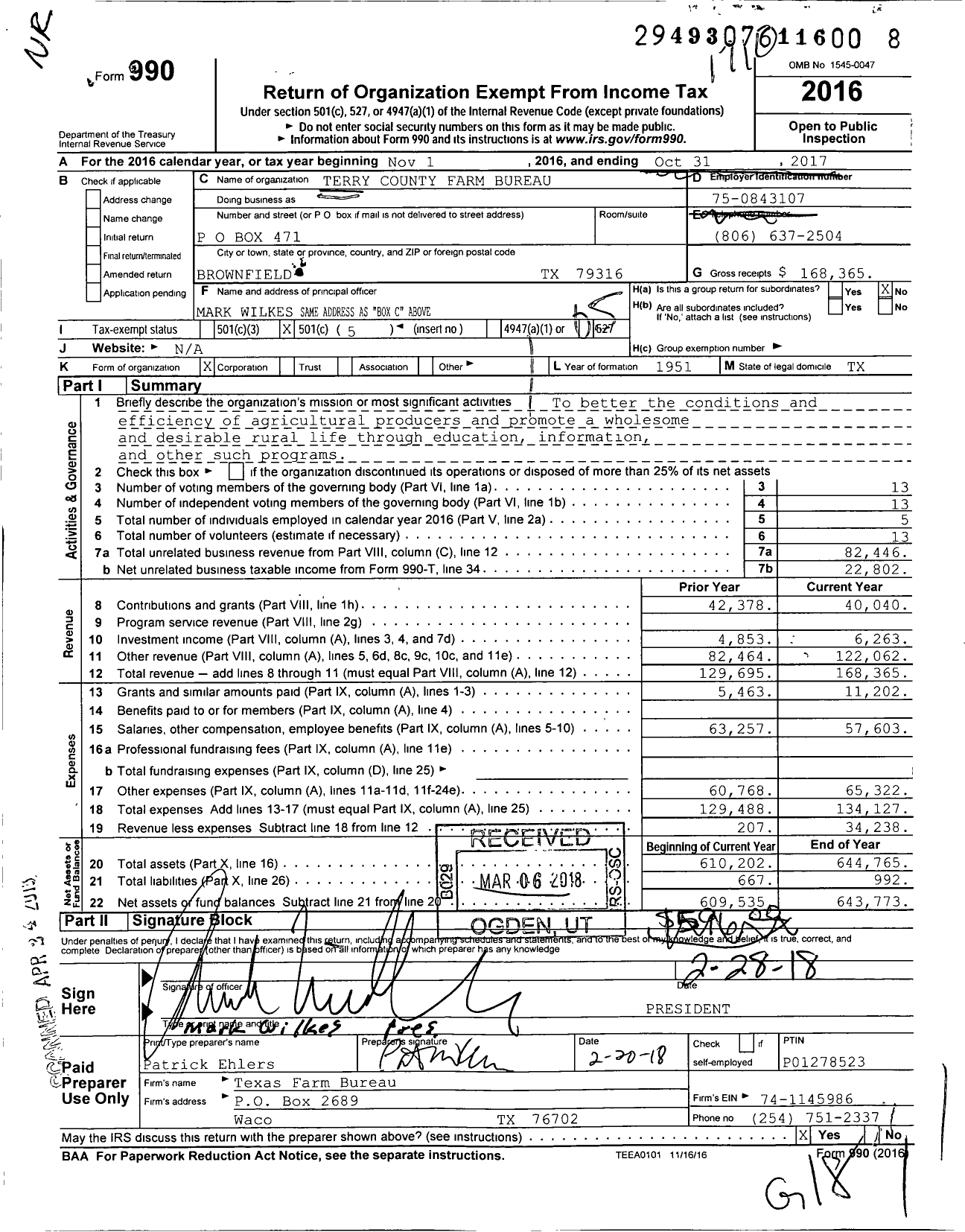 Image of first page of 2016 Form 990O for Terry County Farm Bureau