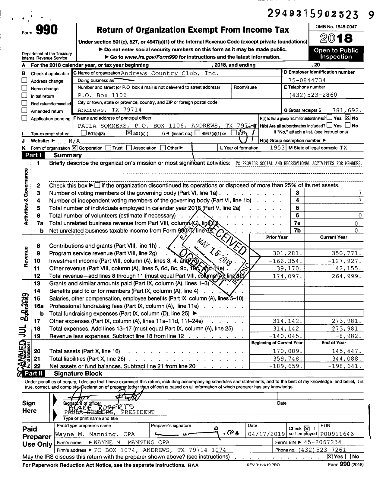 Image of first page of 2018 Form 990O for Andrews Country Club