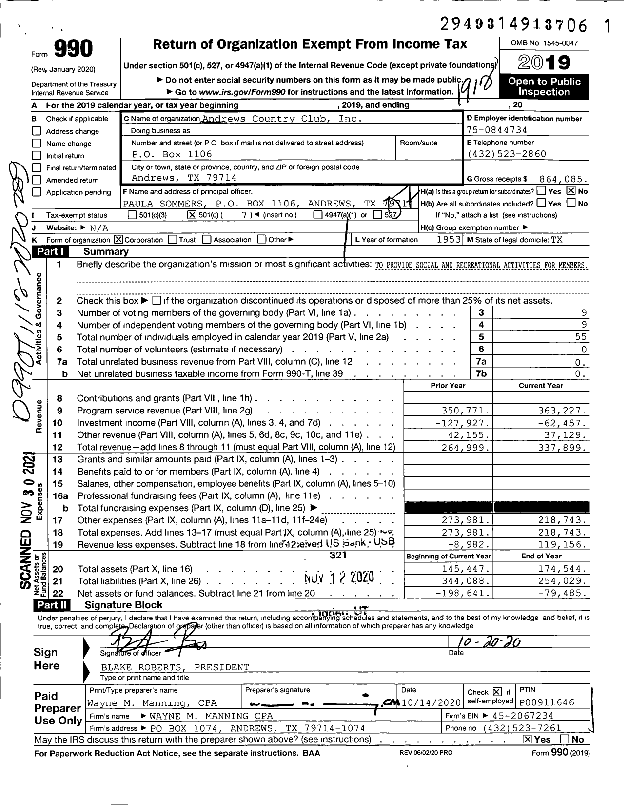 Image of first page of 2019 Form 990O for Andrews Country Club