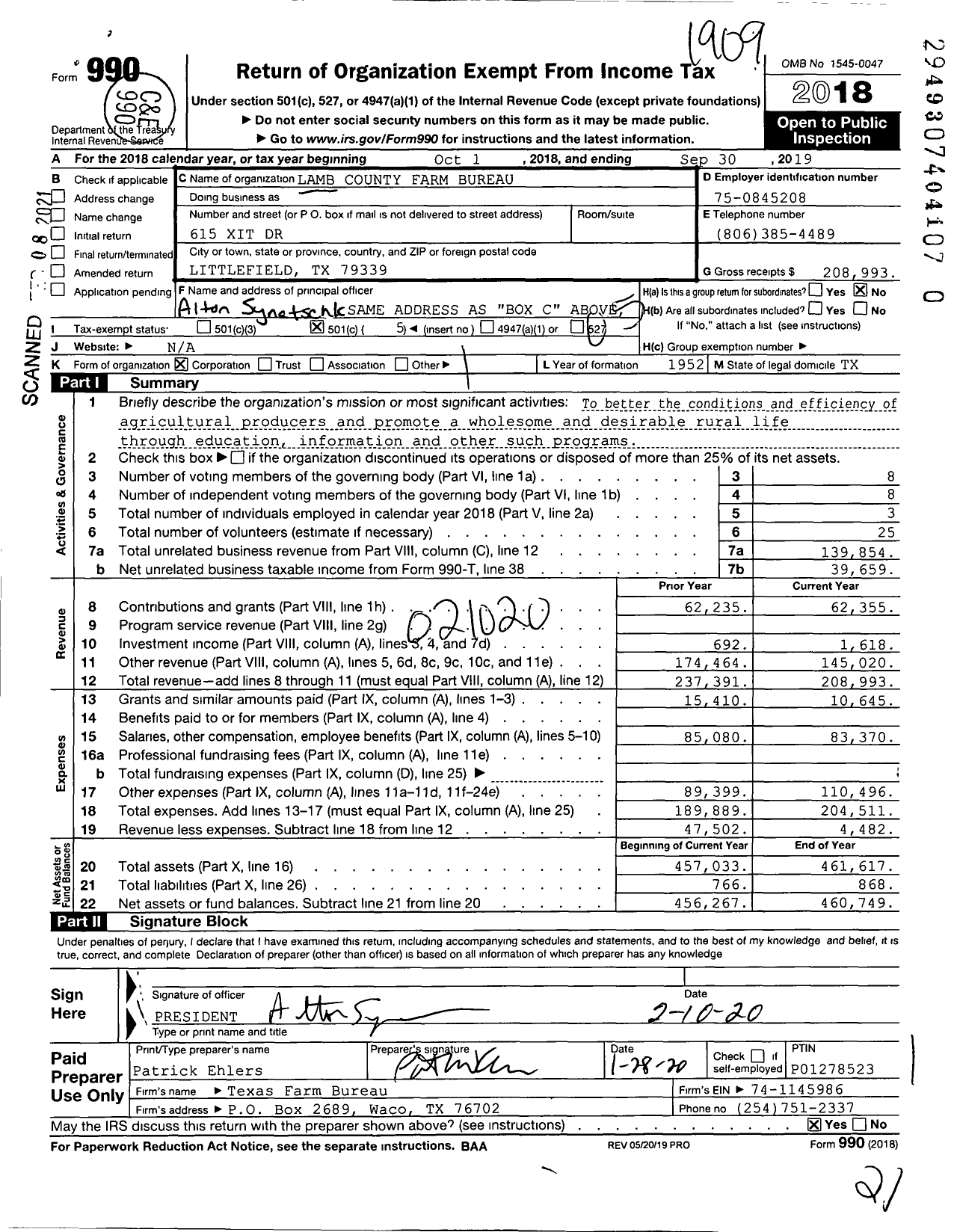 Image of first page of 2018 Form 990O for Lamb County Farm Bureau