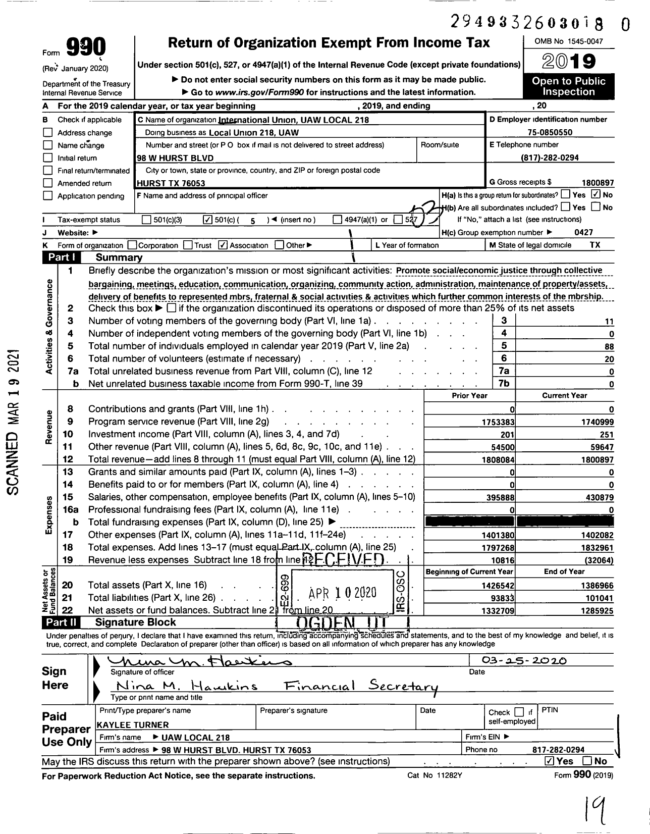 Image of first page of 2019 Form 990 for UAW - International Union UAW Local 218