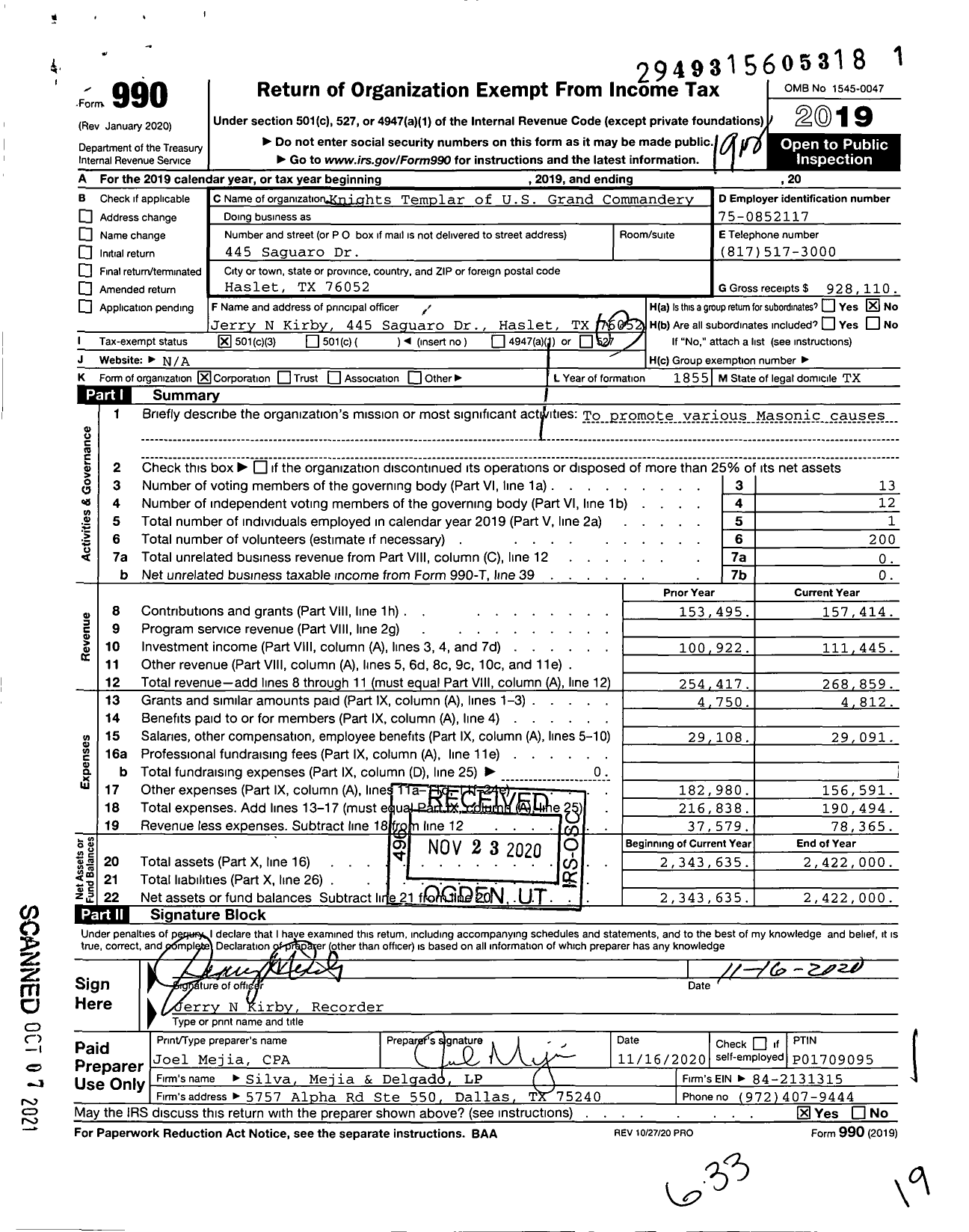 Image of first page of 2019 Form 990 for Knights Templar - Grand Commandery of Texas