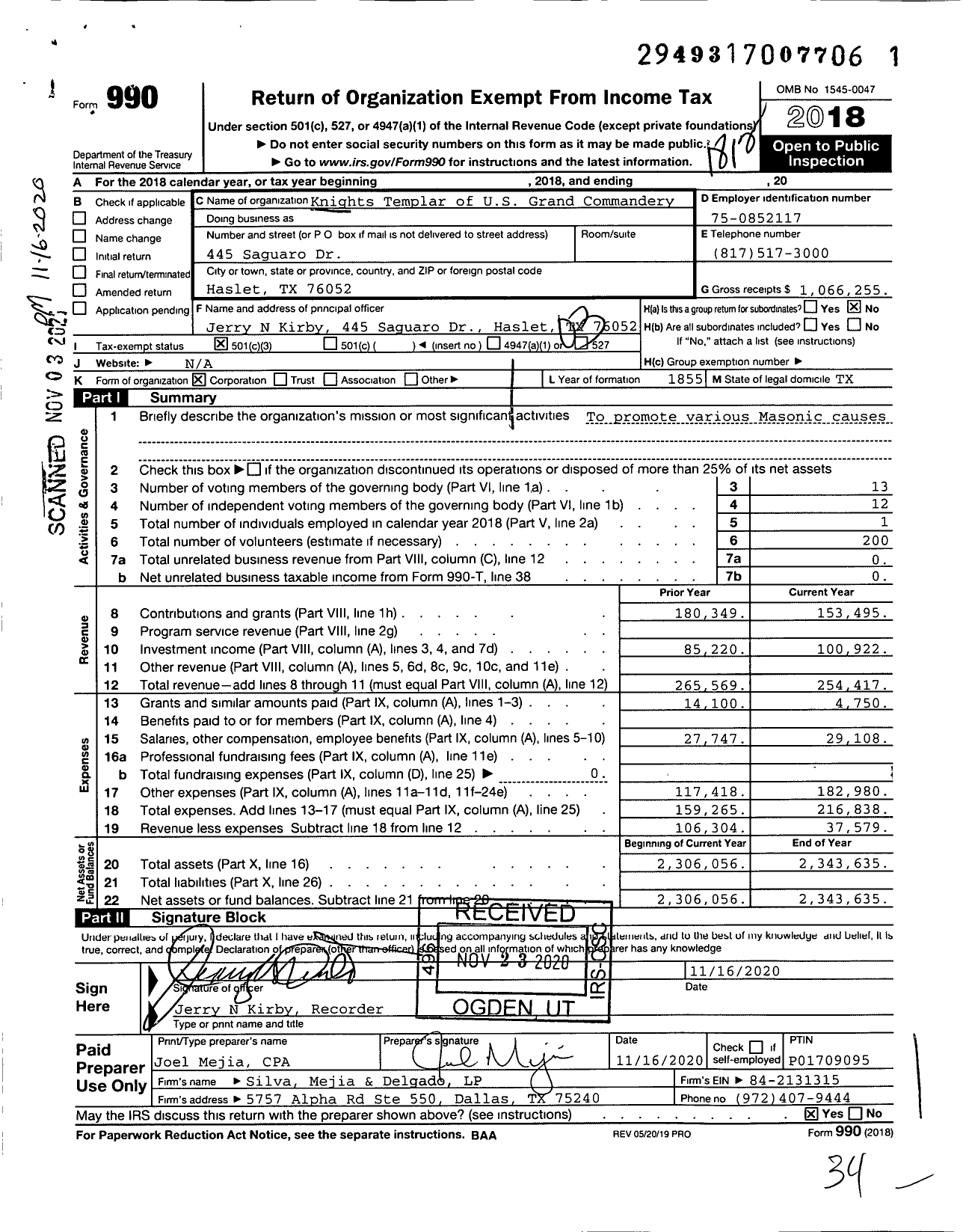 Image of first page of 2018 Form 990 for Knights Templar - Grand Commandery of Texas