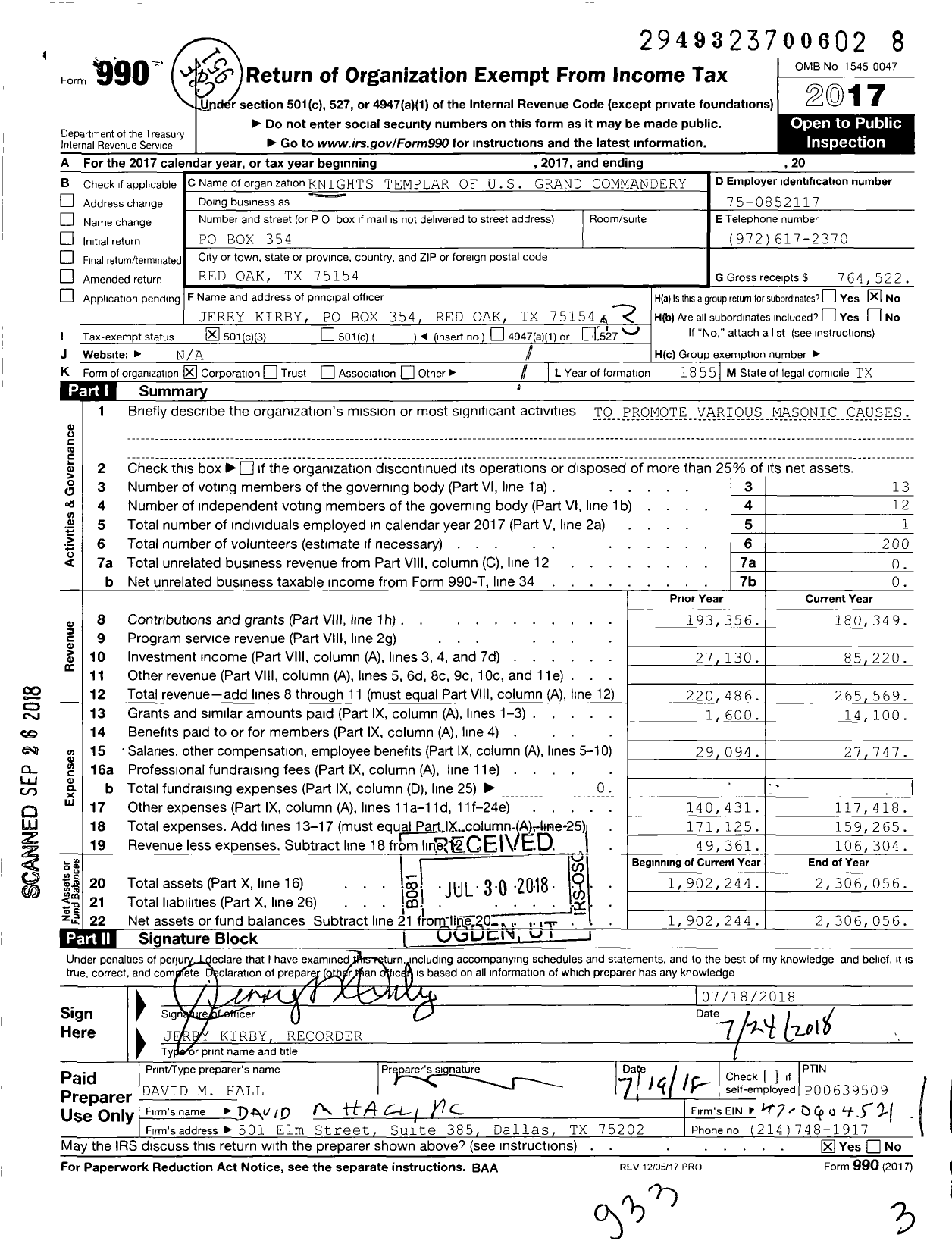 Image of first page of 2017 Form 990 for Knights Templar - Grand Commandery of Texas