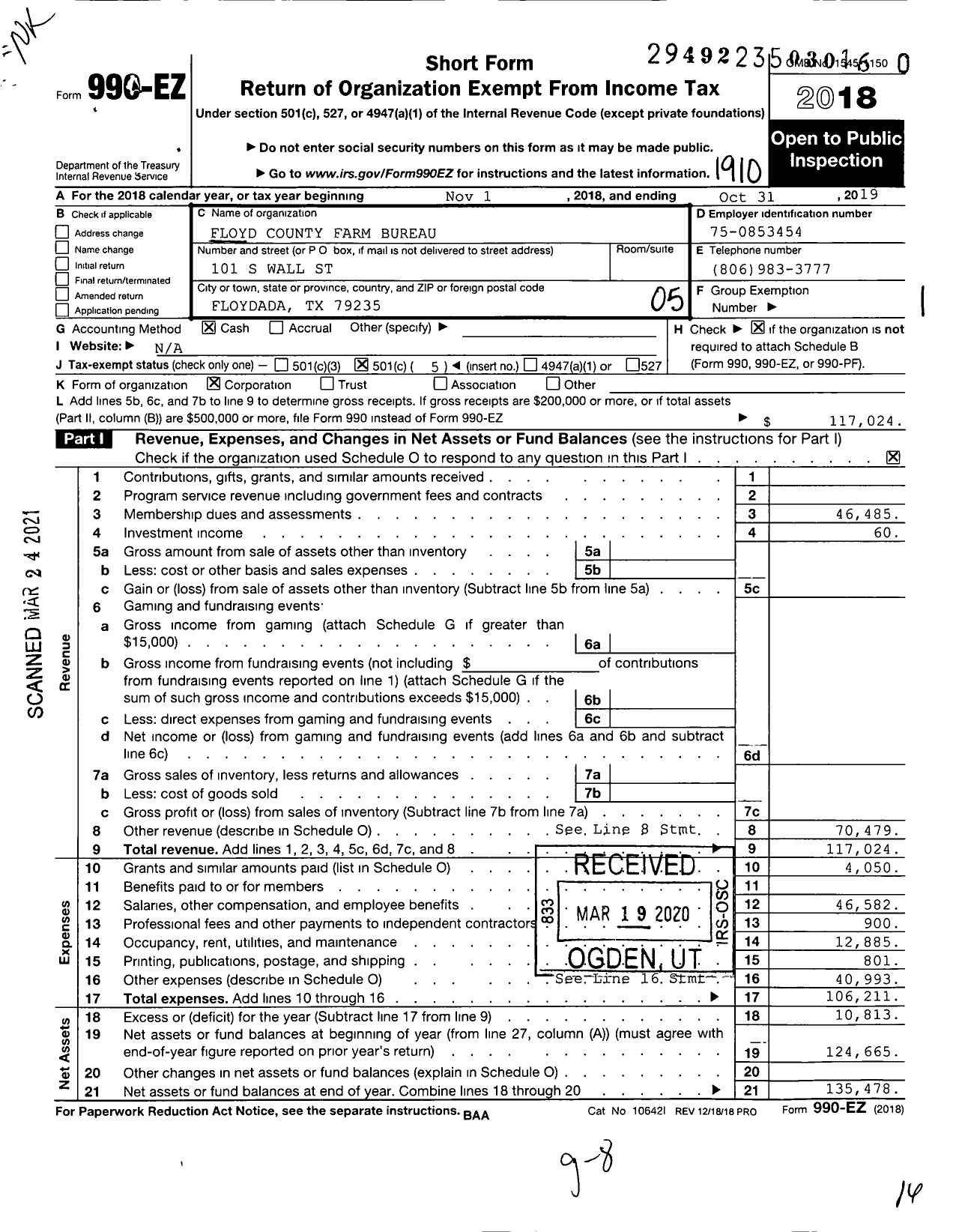 Image of first page of 2018 Form 990EO for Floyd County Farm Bureau