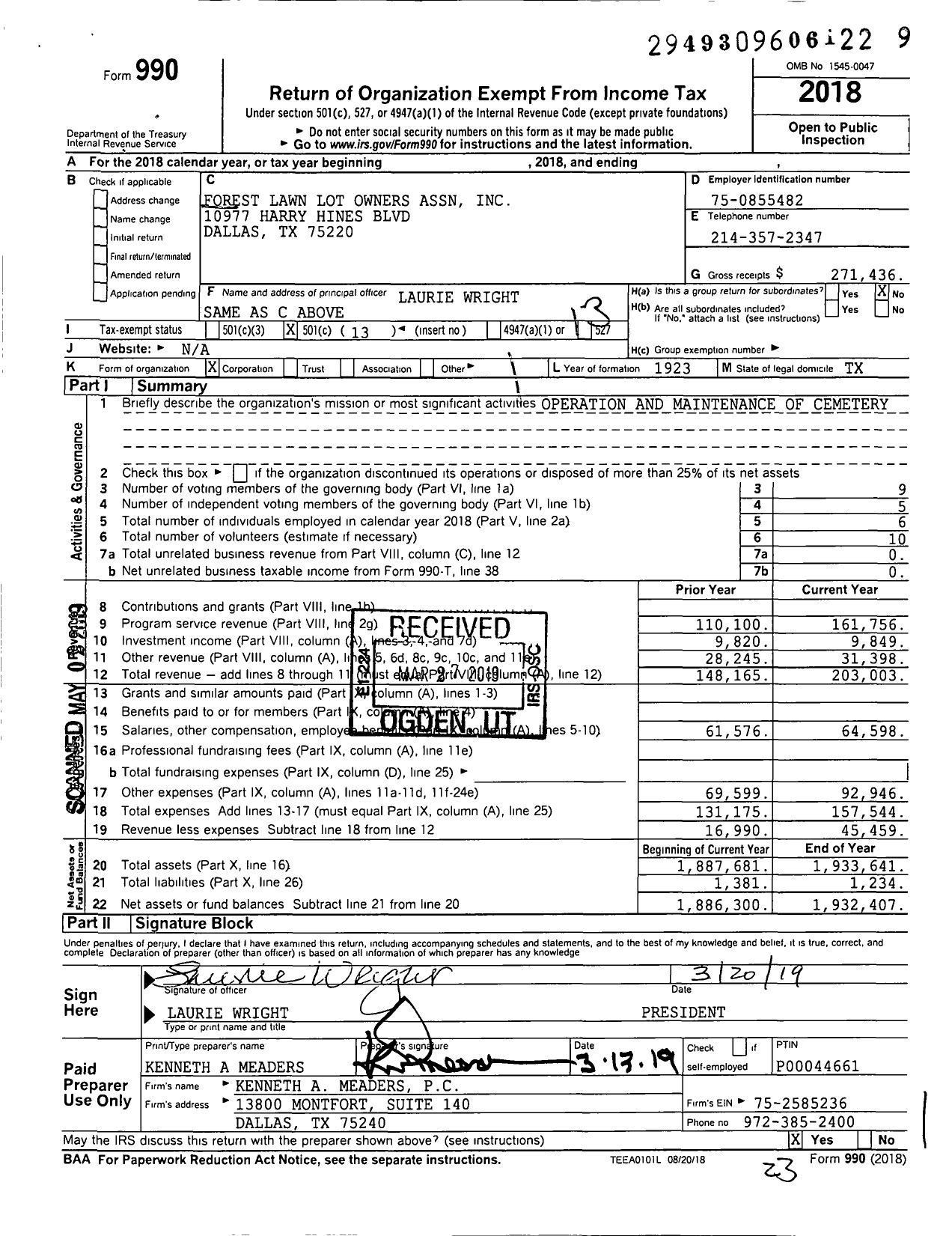 Image of first page of 2018 Form 990O for Forest Lawn Lot Owners Association