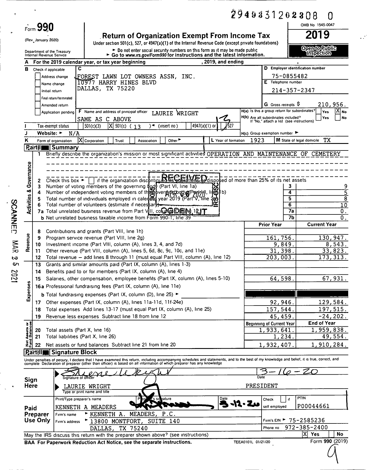 Image of first page of 2019 Form 990O for Forest Lawn Lot Owners Association
