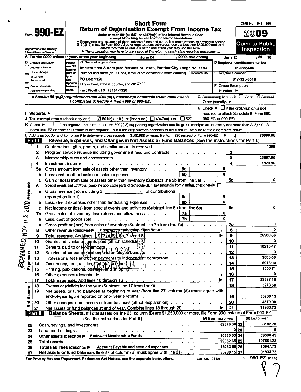 Image of first page of 2009 Form 990EO for Freemasons in Texas - 1183 Panther City