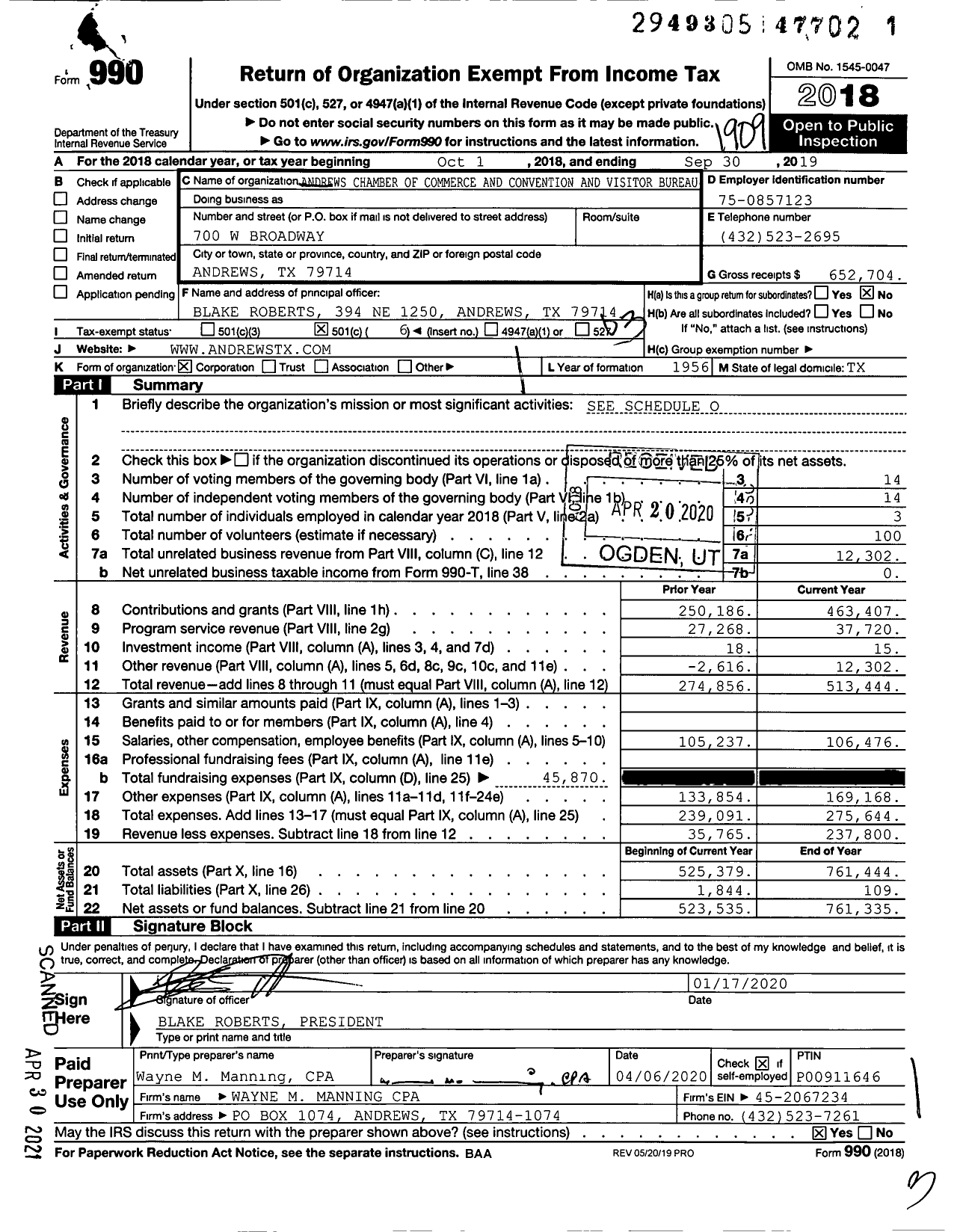 Image of first page of 2018 Form 990 for Andrews Chamber of Commerce and Convention and Visitor Bureau