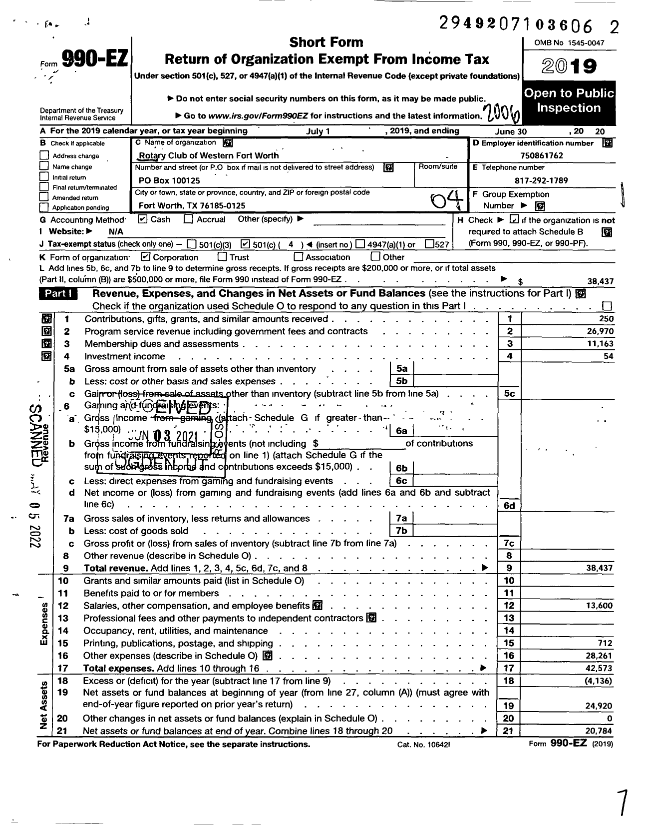 Image of first page of 2019 Form 990EO for Rotary INTERNATIONAL - Western Fort Worth