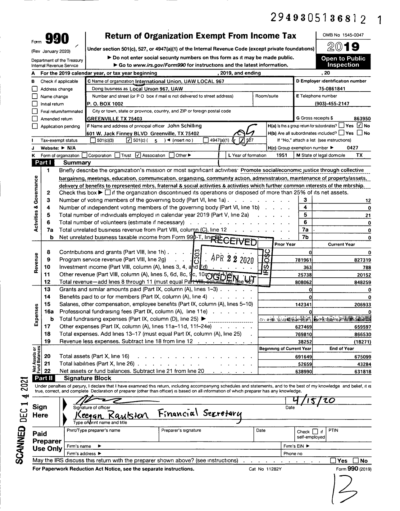 Image of first page of 2019 Form 990O for International Union UAW LOCAL 967