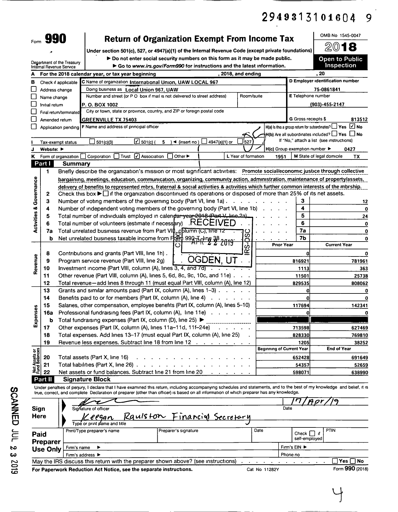 Image of first page of 2018 Form 990O for International Union UAW LOCAL 967