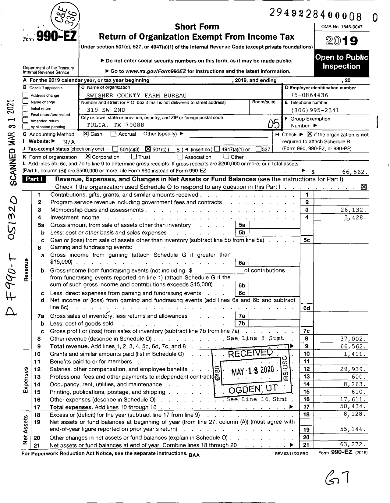 Image of first page of 2019 Form 990EO for Swisher County Farm Bureau