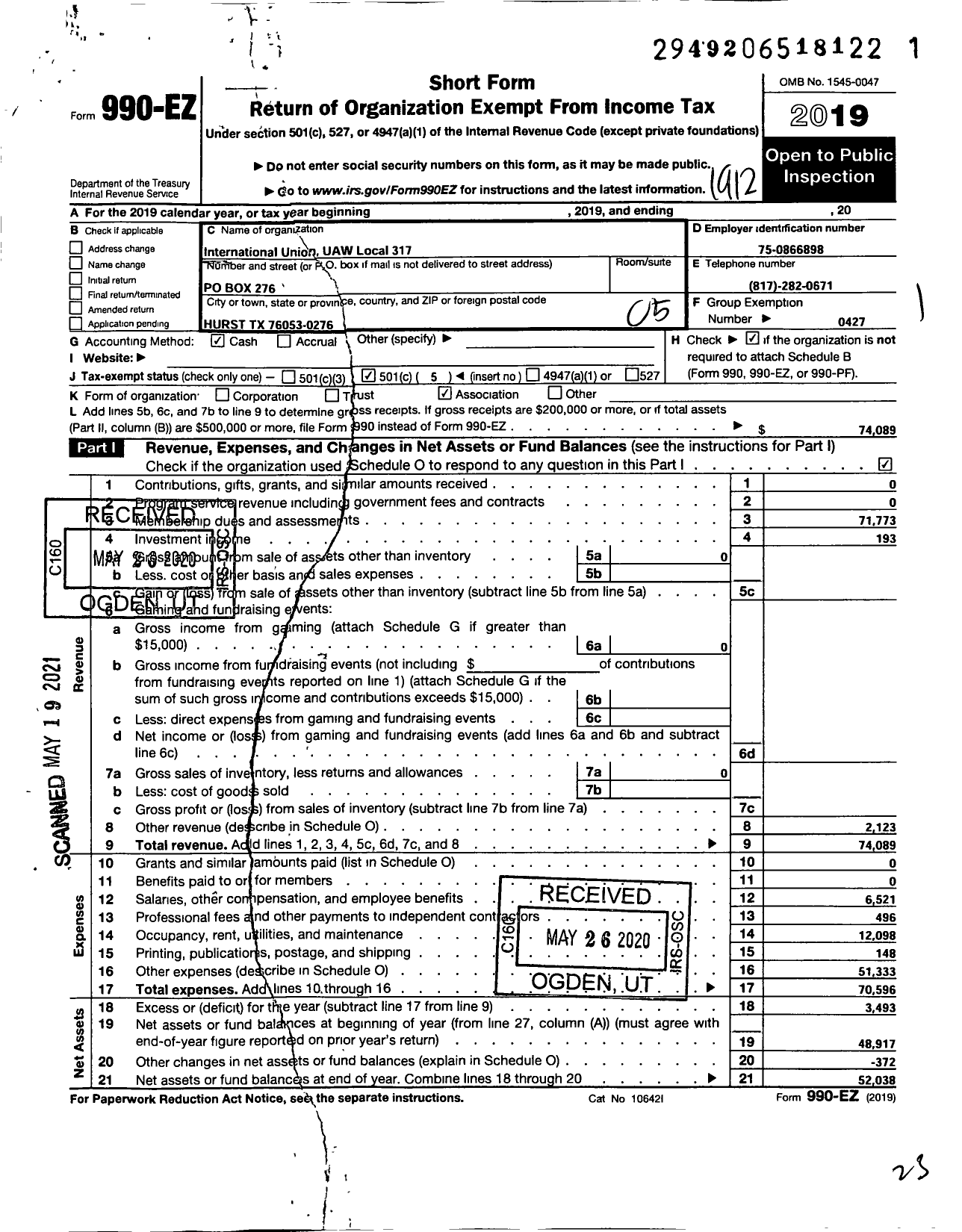 Image of first page of 2019 Form 990EO for Uaw - 317 Local