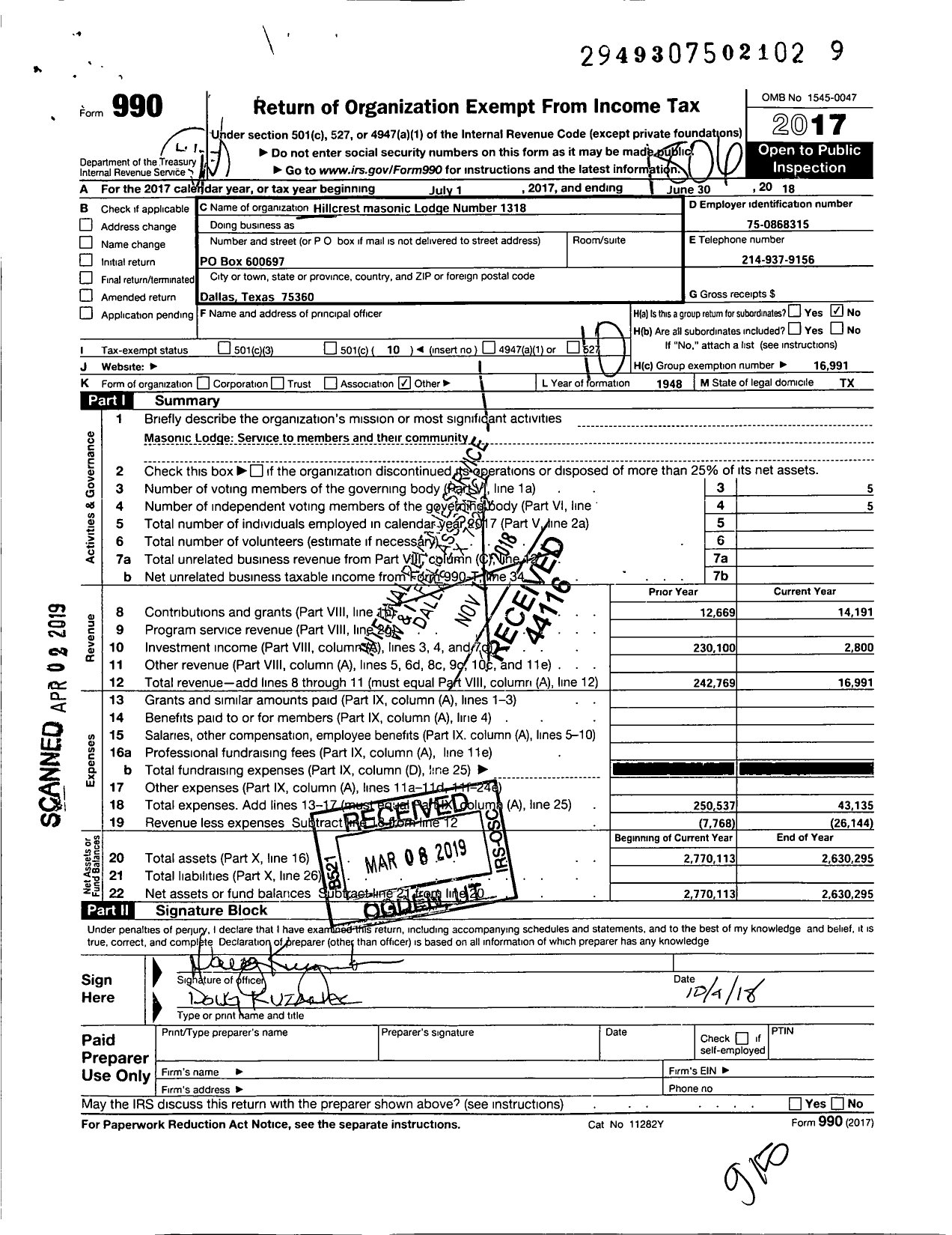 Image of first page of 2017 Form 990O for Freemasons in Texas - 1318 Hillcrest