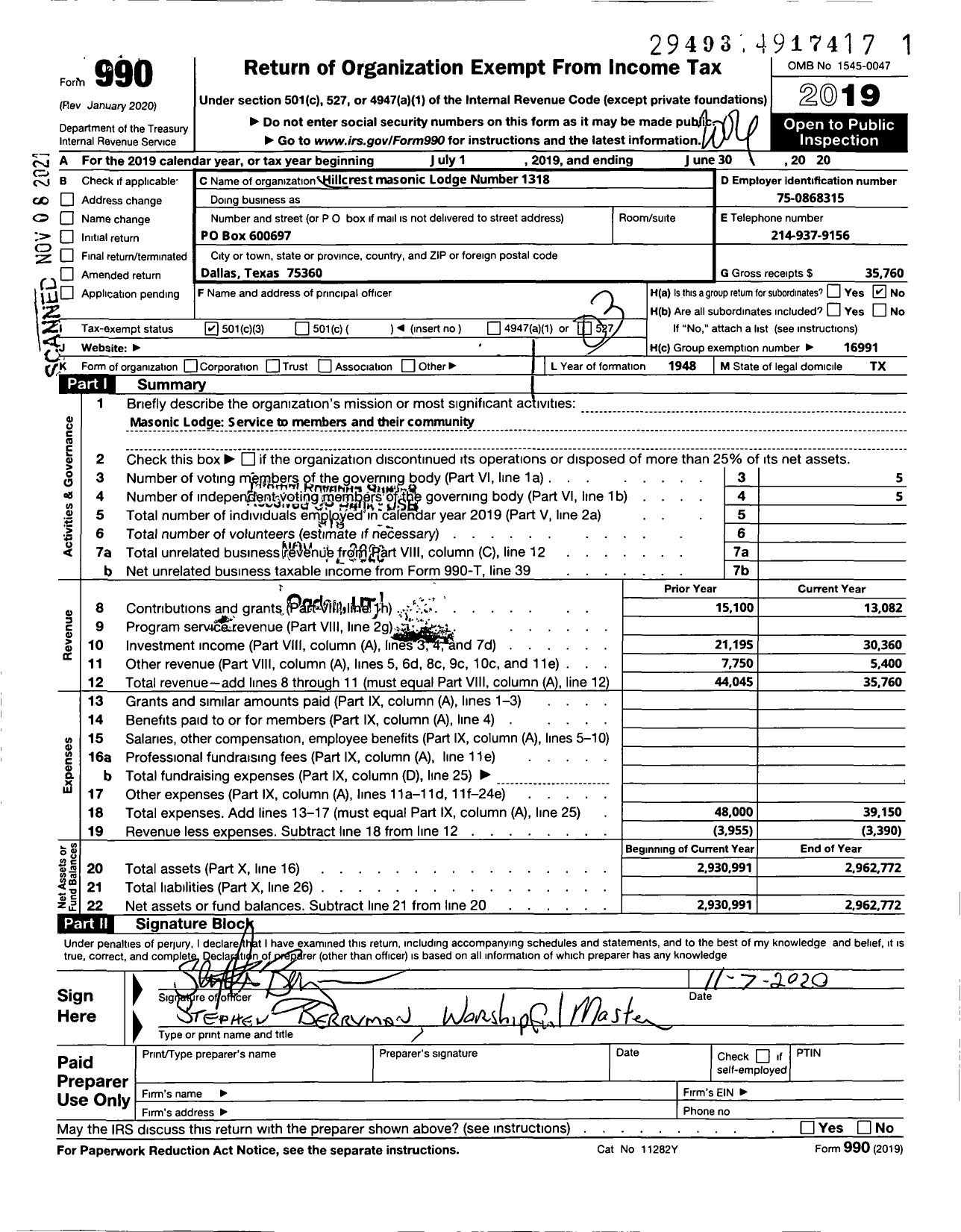 Image of first page of 2019 Form 990 for Freemasons in Texas - 1318 Hillcrest