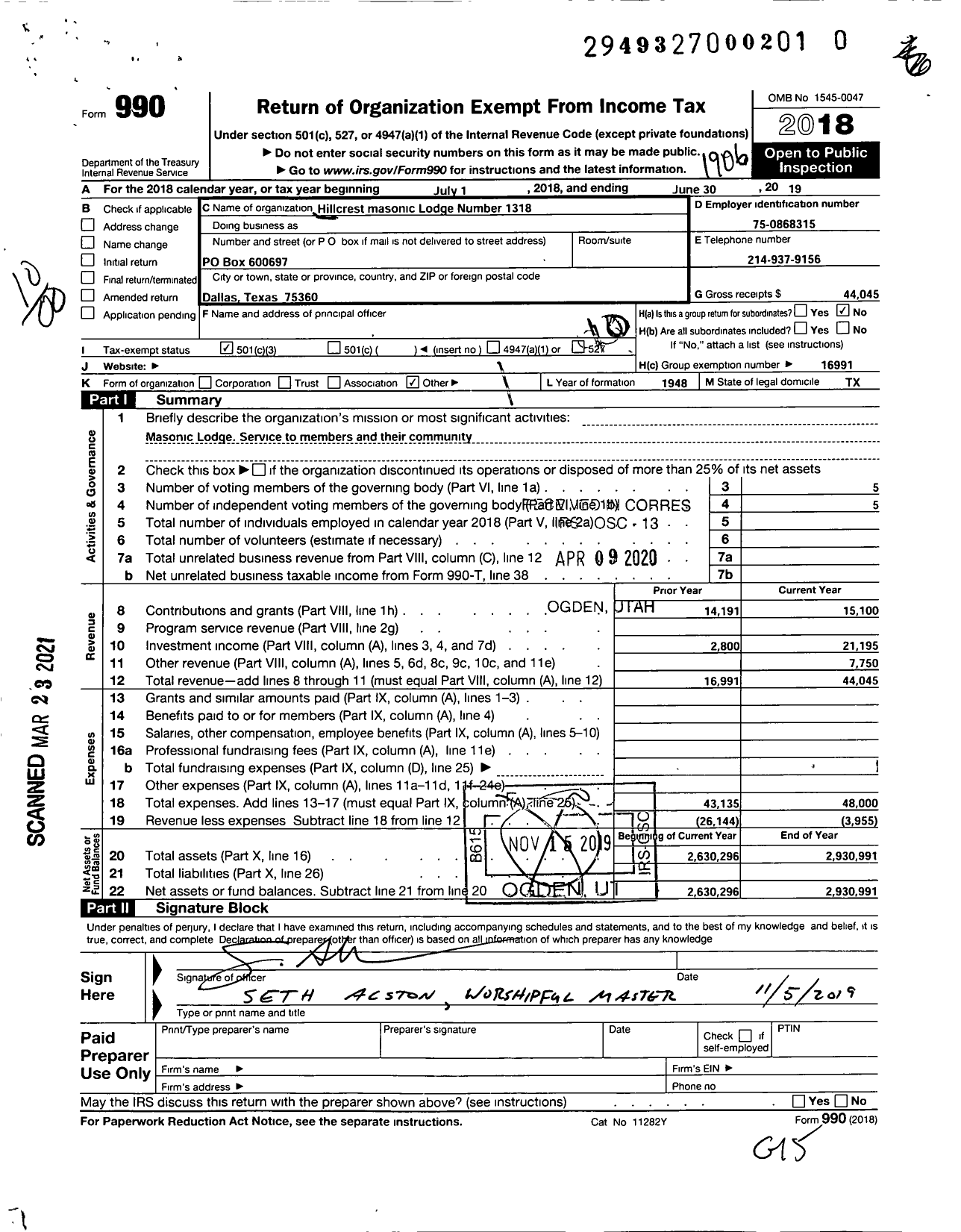 Image of first page of 2018 Form 990O for Freemasons in Texas - 1318 Hillcrest