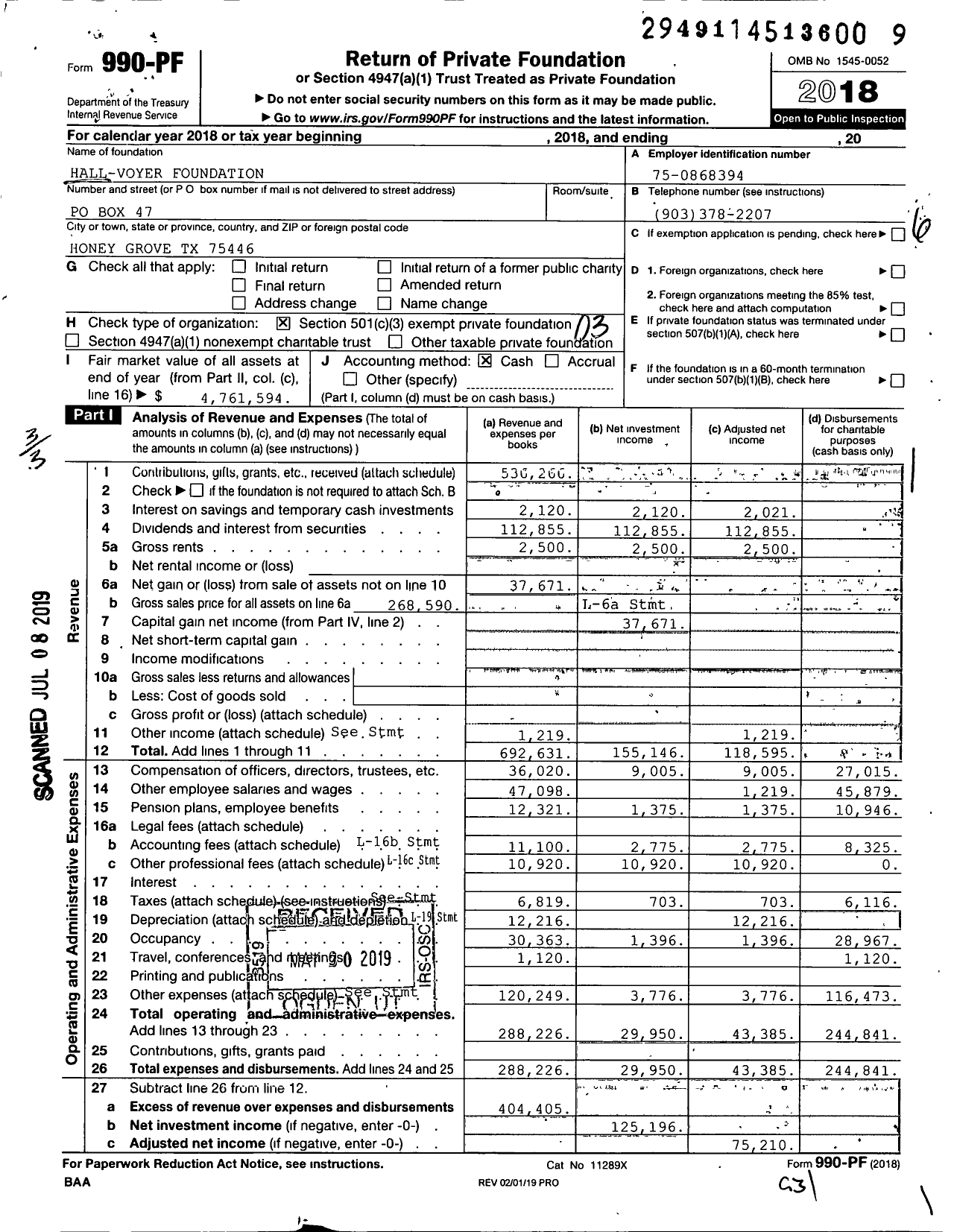 Image of first page of 2018 Form 990PF for Hall-Voyer Foundation