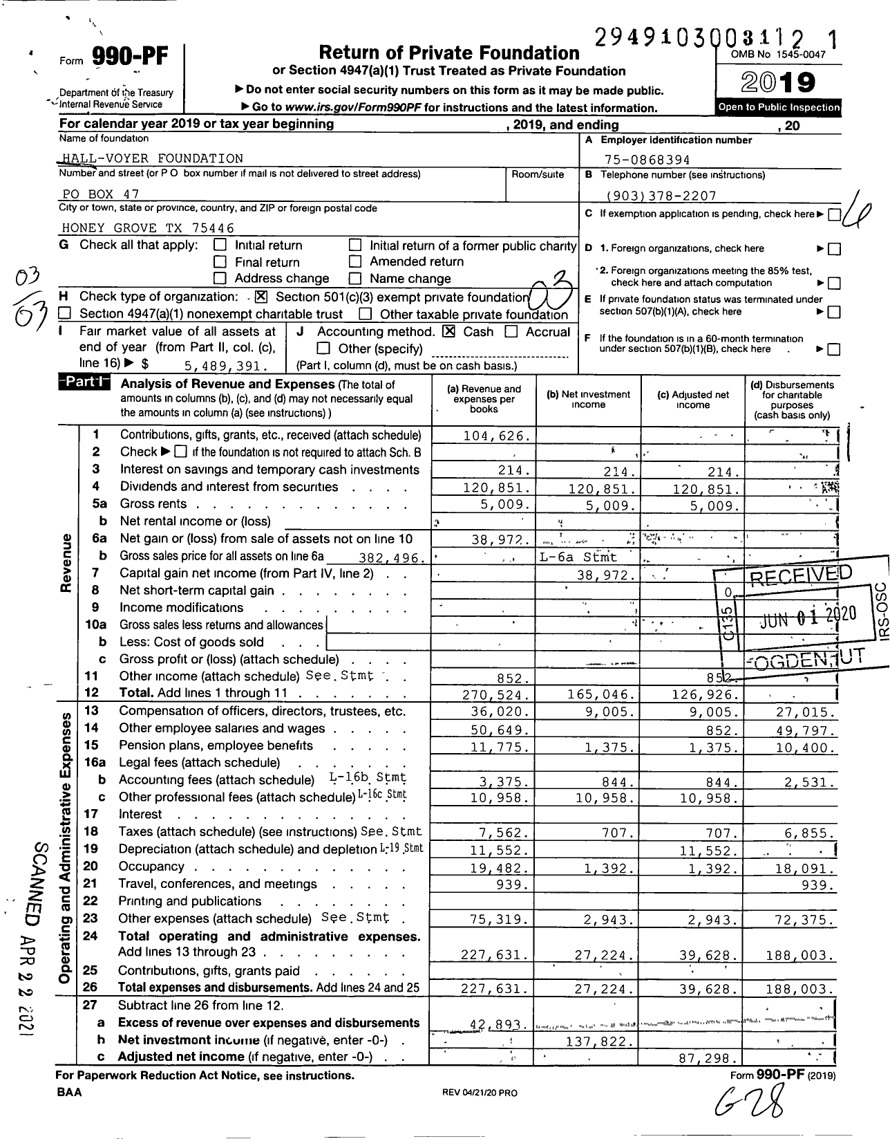 Image of first page of 2019 Form 990PF for Hall-Voyer Foundation