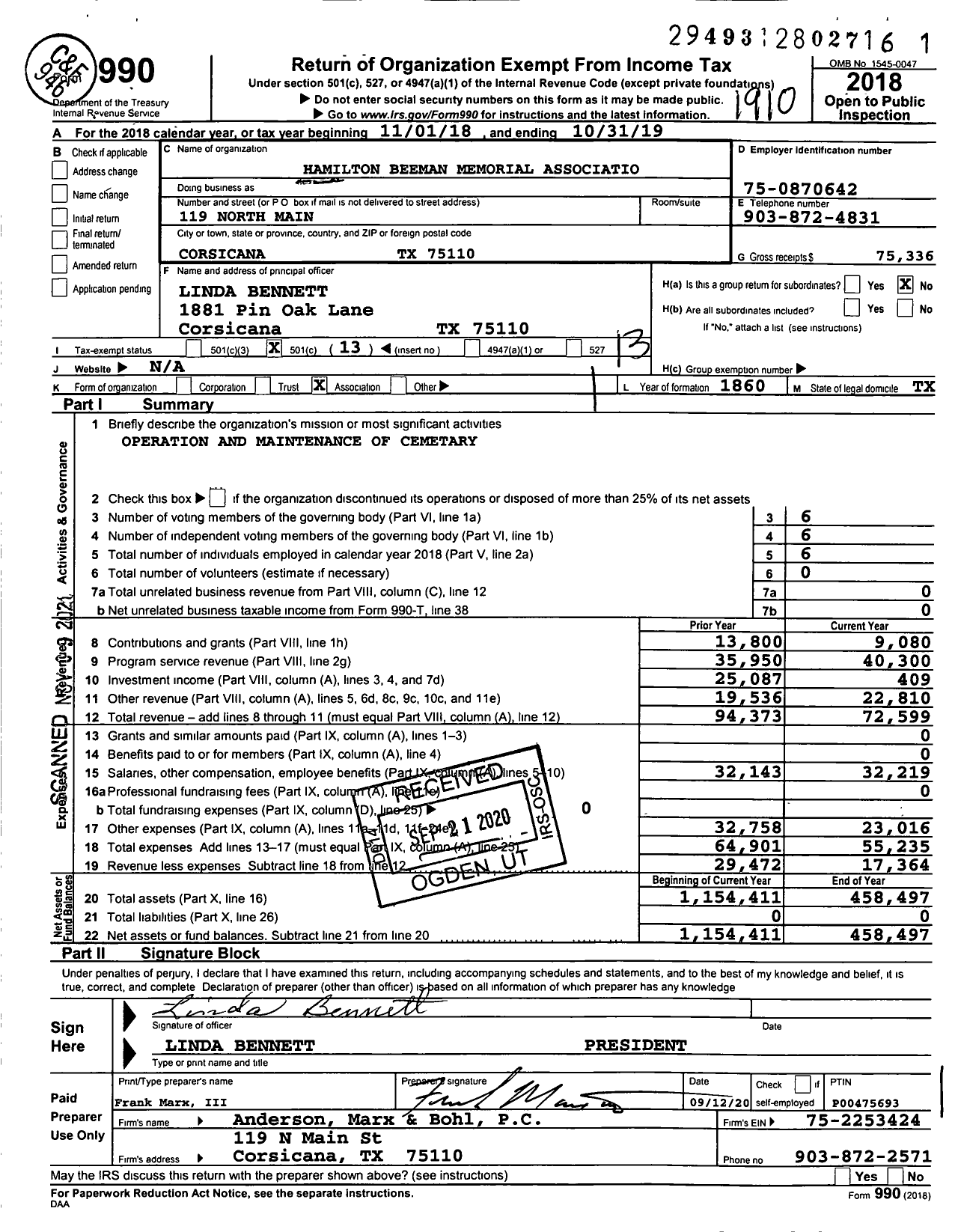 Image of first page of 2018 Form 990O for Hamilton Beeman Memorial Association