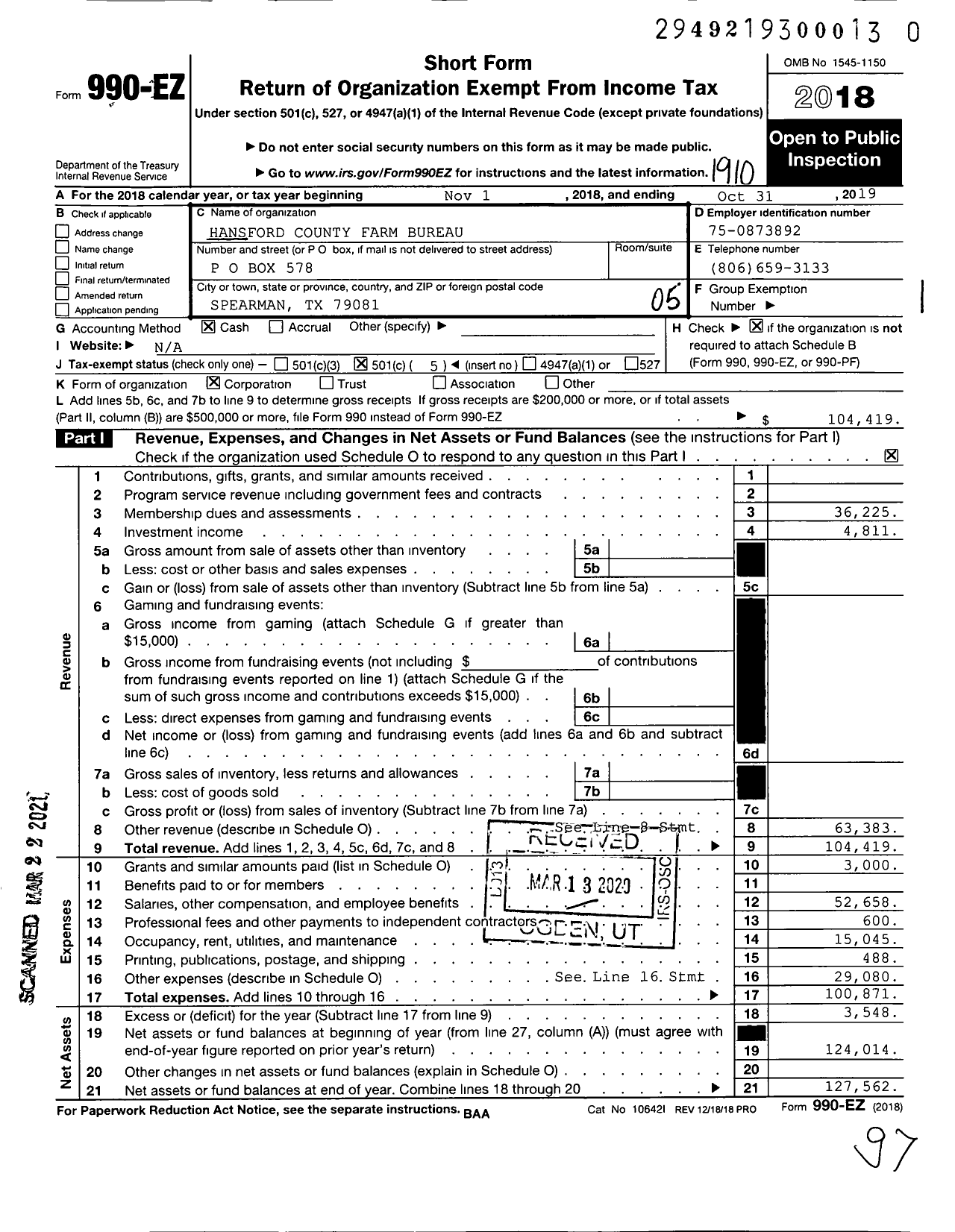 Image of first page of 2018 Form 990EO for Hansford County Farm Bureau