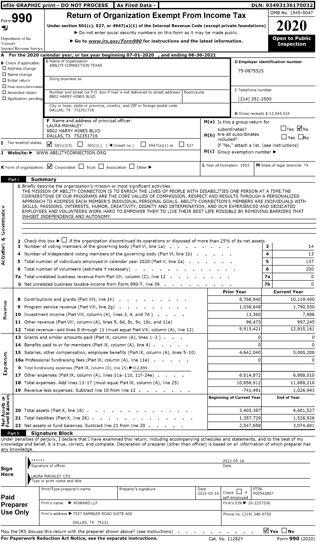 Image of first page of 2020 Form 990 for Ability Connection Texas (ACT)