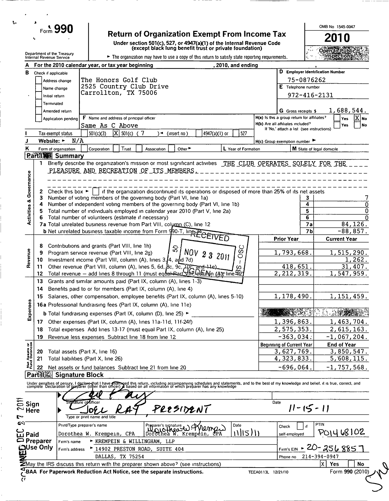 Image of first page of 2010 Form 990O for The Honors Golf Club Dallas