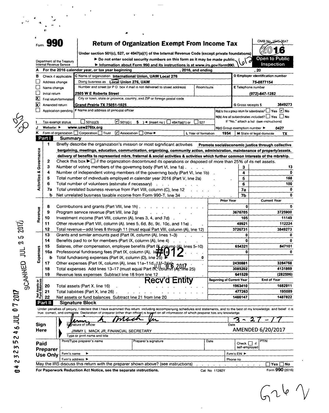 Image of first page of 2016 Form 990O for Local Union 276 UAW