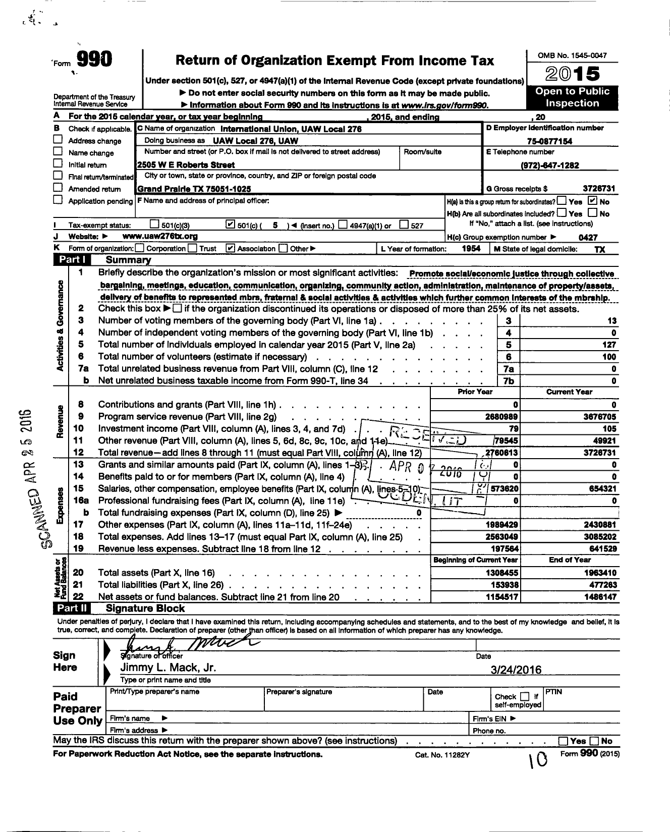 Image of first page of 2015 Form 990O for Local Union 276 UAW