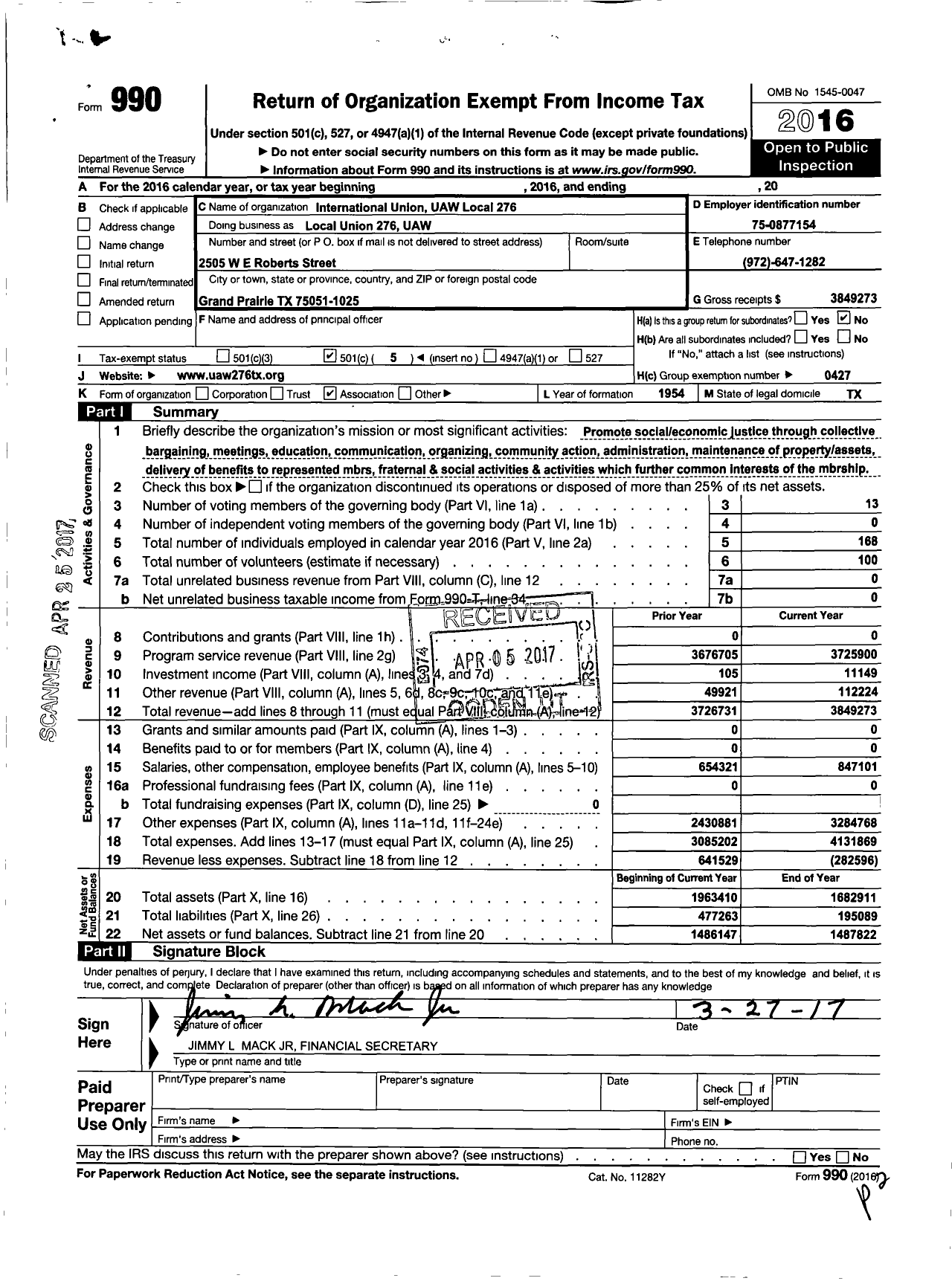 Image of first page of 2016 Form 990O for Local Union 276 UAW