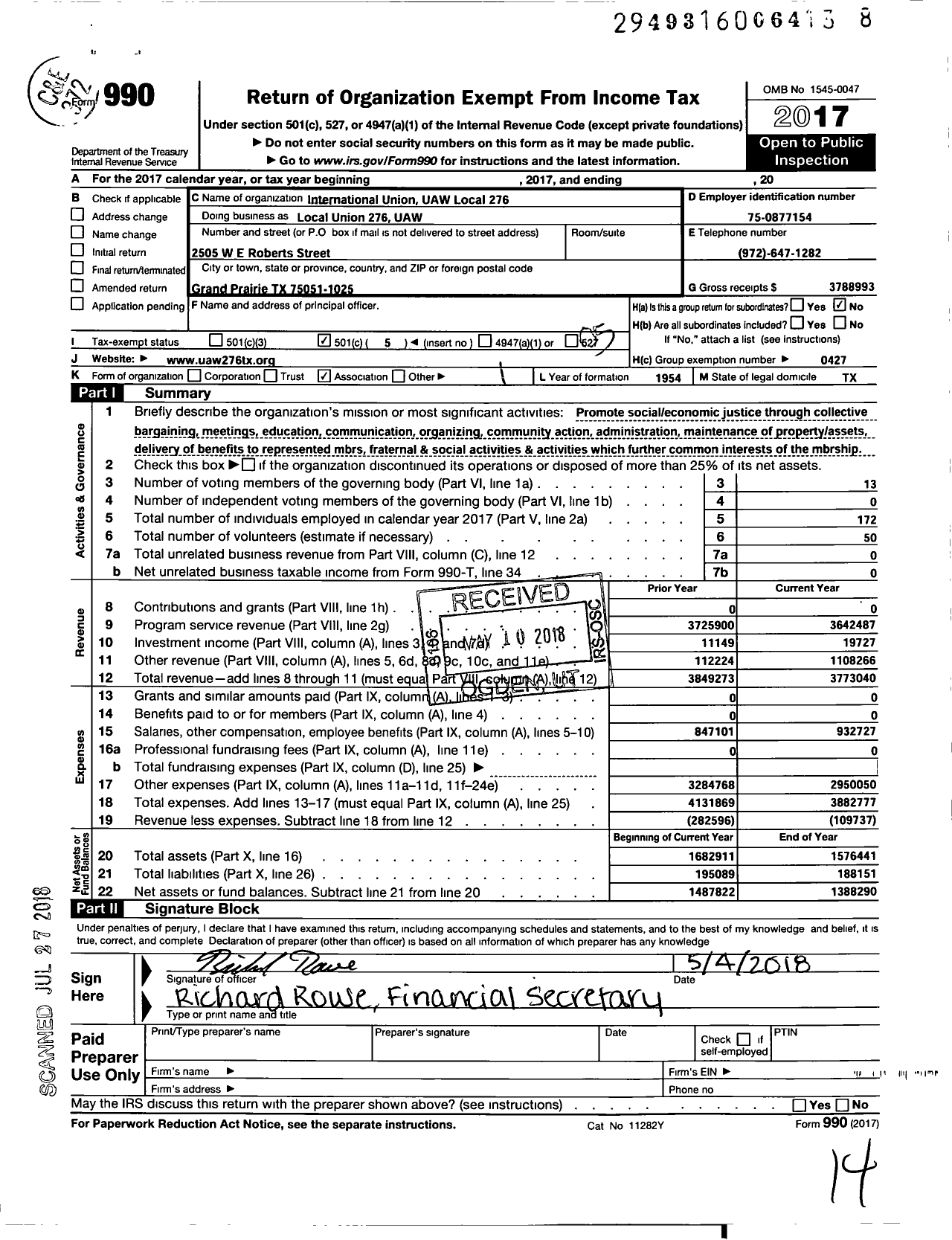 Image of first page of 2017 Form 990O for Local Union 276 UAW