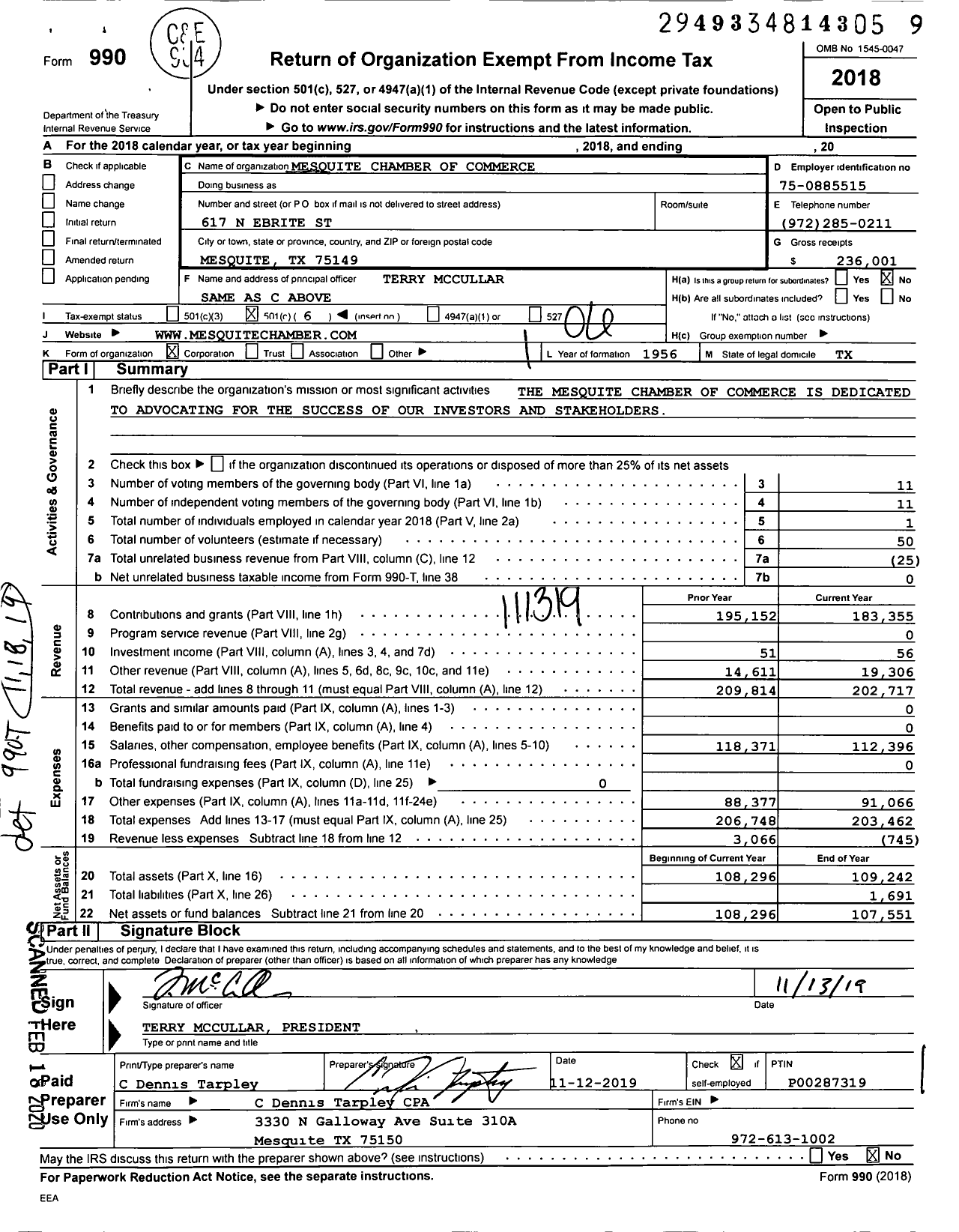 Image of first page of 2018 Form 990O for Mesquite Chamber of Commerce