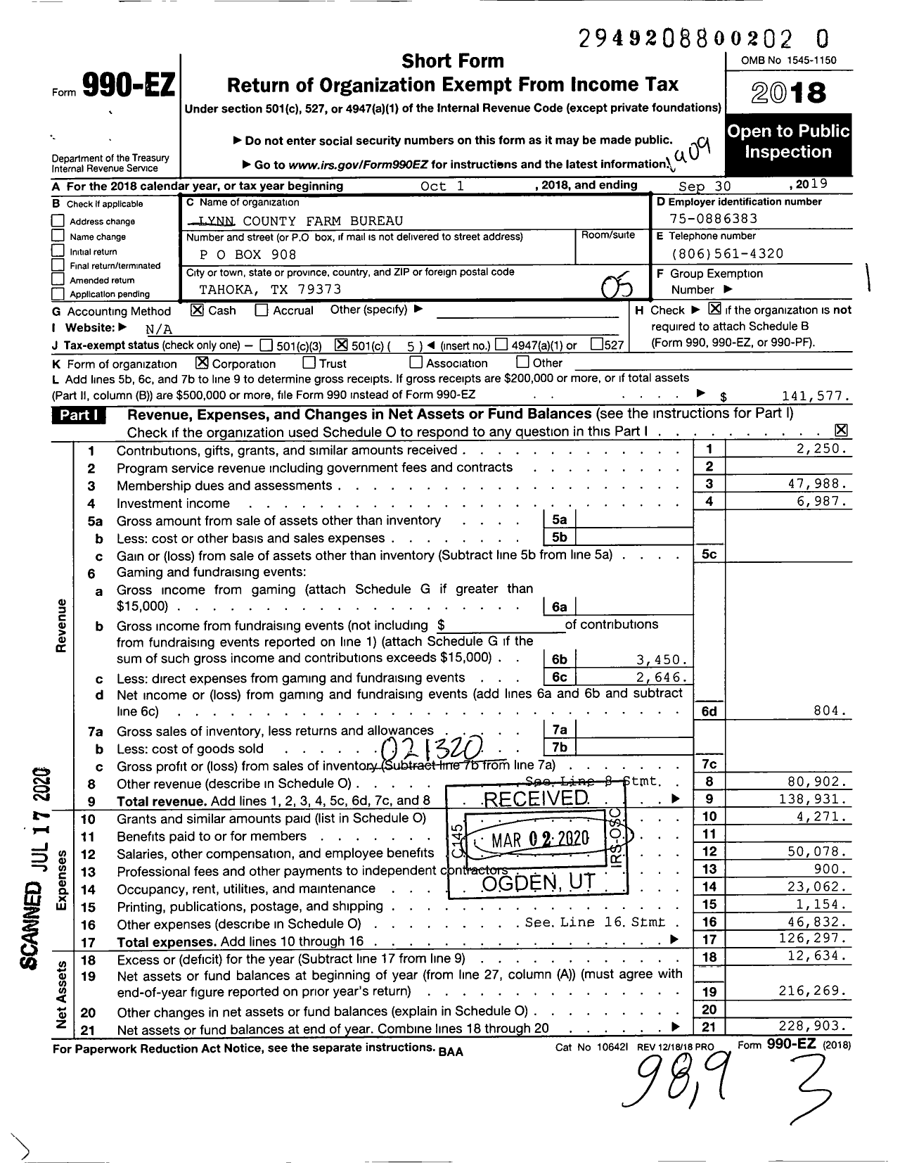 Image of first page of 2018 Form 990EO for Lynn County Farm Bureau