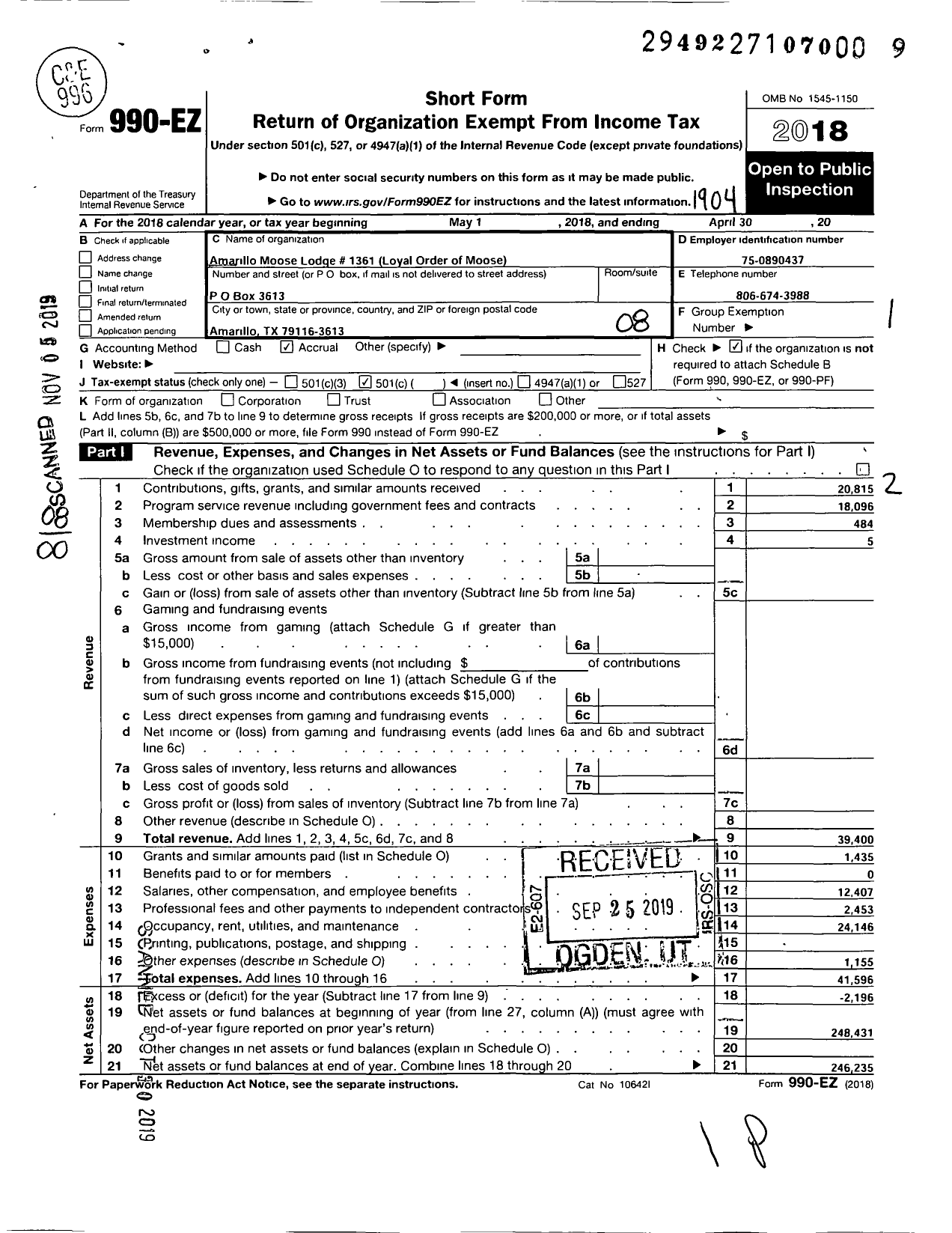 Image of first page of 2018 Form 990EO for Loyal Order of Moose - 1361