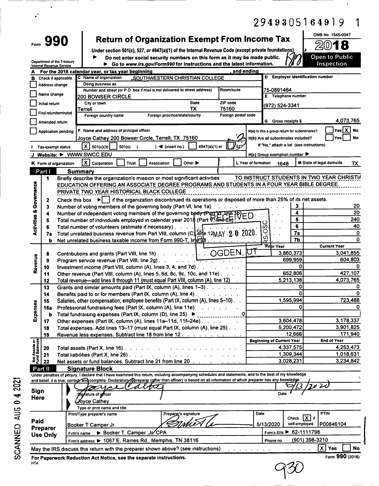 Image of first page of 2018 Form 990 for Southwestern Christian College (SwCC)