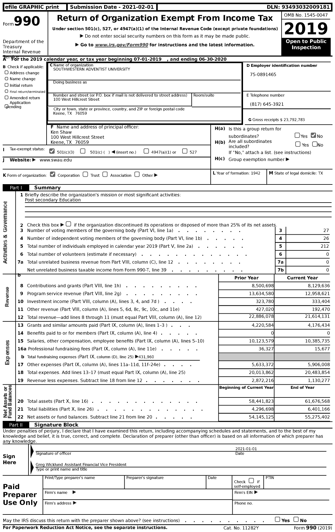 Image of first page of 2019 Form 990 for Southwestern Adventist University (SWAU)