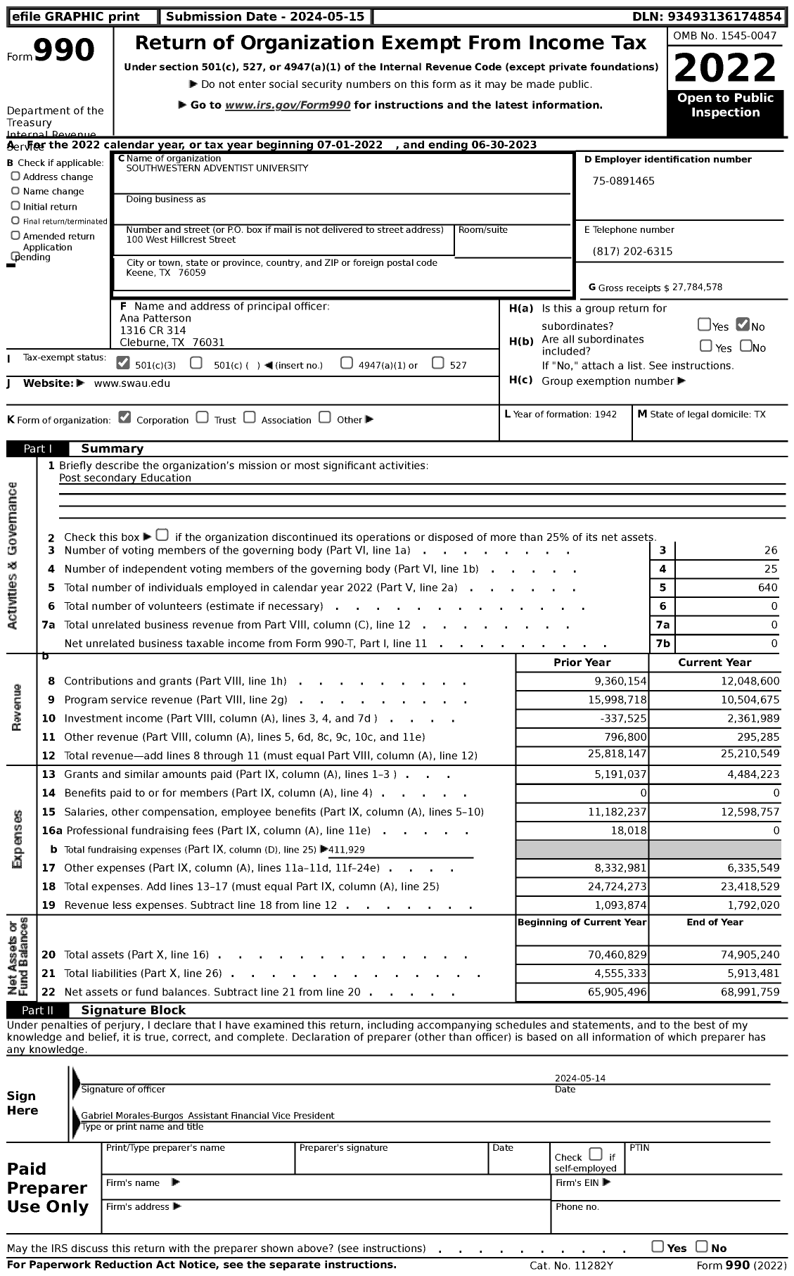 Image of first page of 2022 Form 990 for Southwestern Adventist University (SWAU)