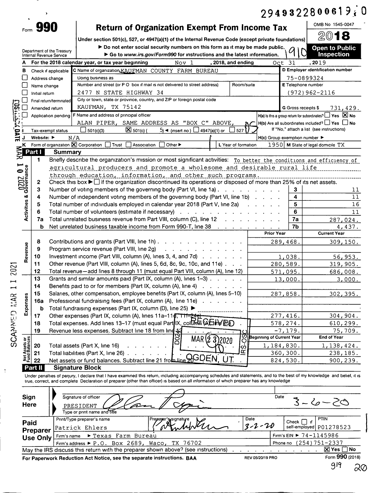 Image of first page of 2018 Form 990O for Kaufman County Farm Bureau