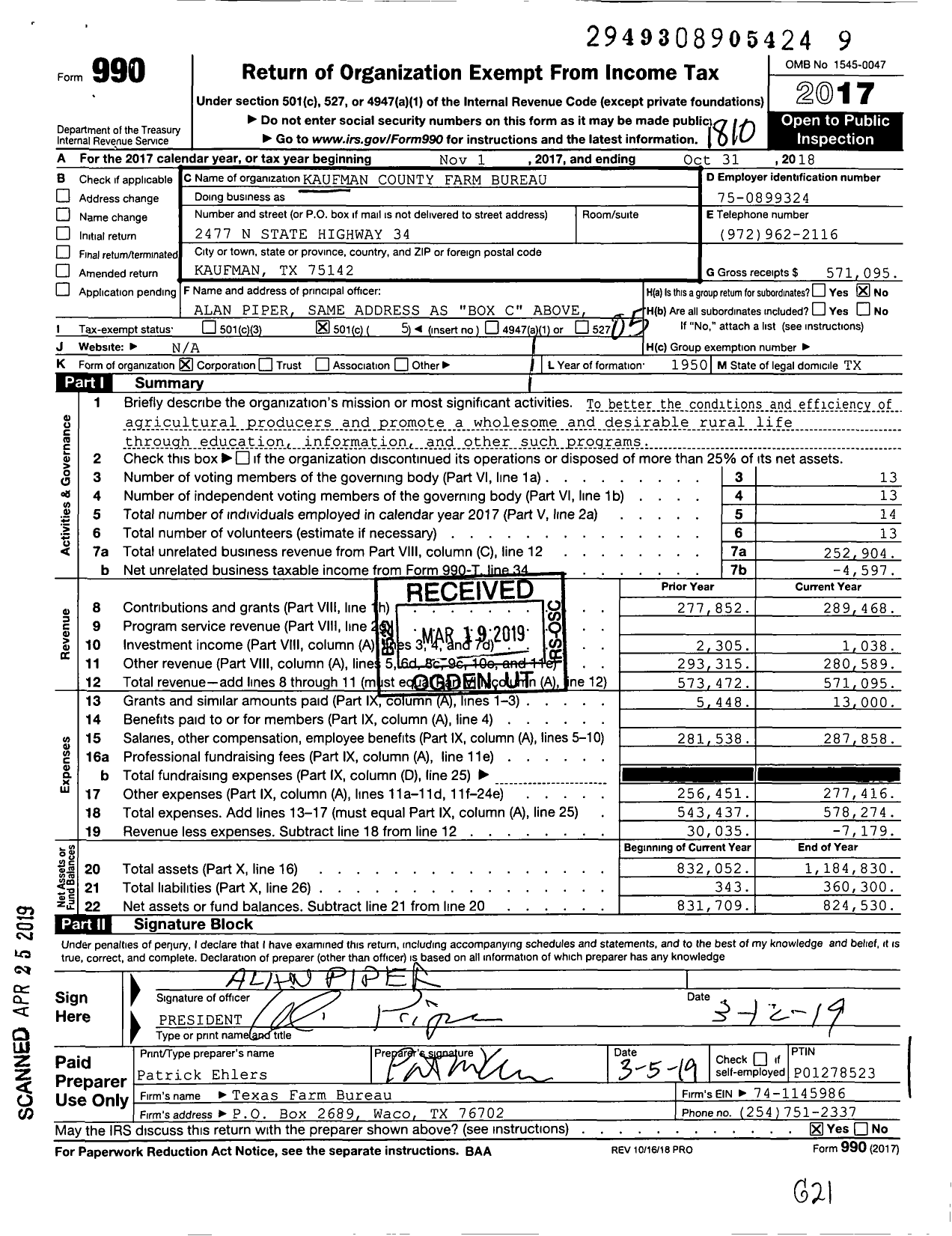 Image of first page of 2017 Form 990O for Kaufman County Farm Bureau