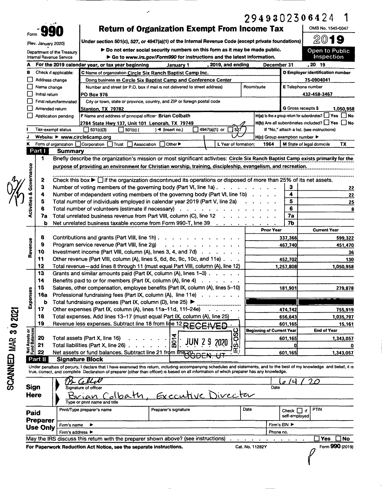 Image of first page of 2019 Form 990 for Circle Six Baptist Camp and Conf Cent